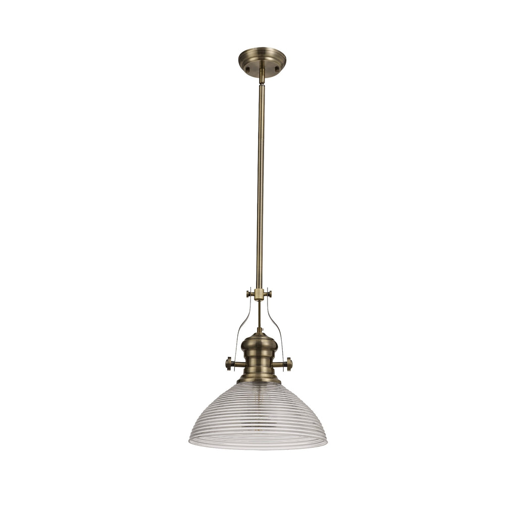 NLK01249 Louis 1 Light Telescopic Pendant With 33.5cm Prismatic Glass Shade Antique Brass/Clear