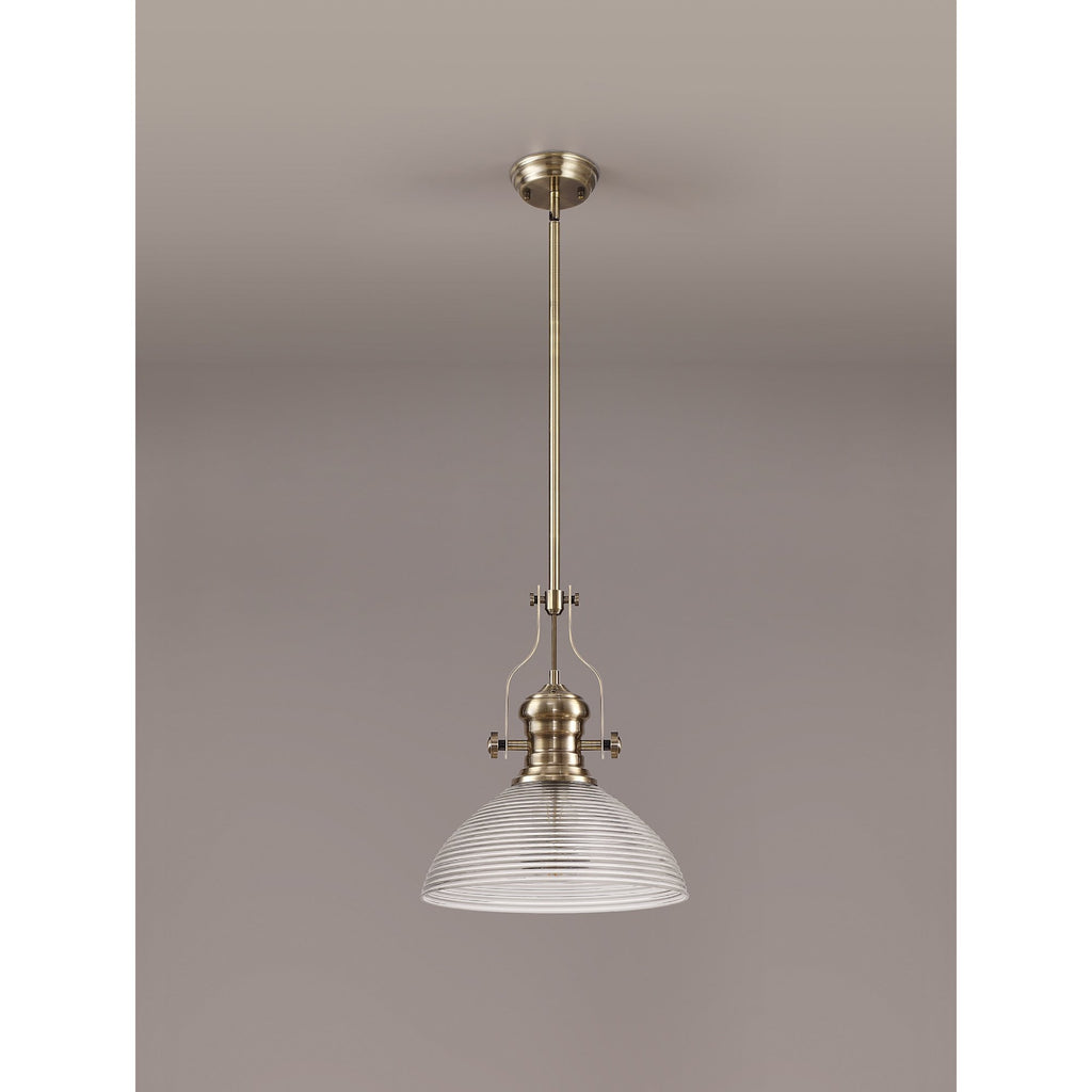 NLK01249 Louis 1 Light Telescopic Pendant With 33.5cm Prismatic Glass Shade Antique Brass/Clear
