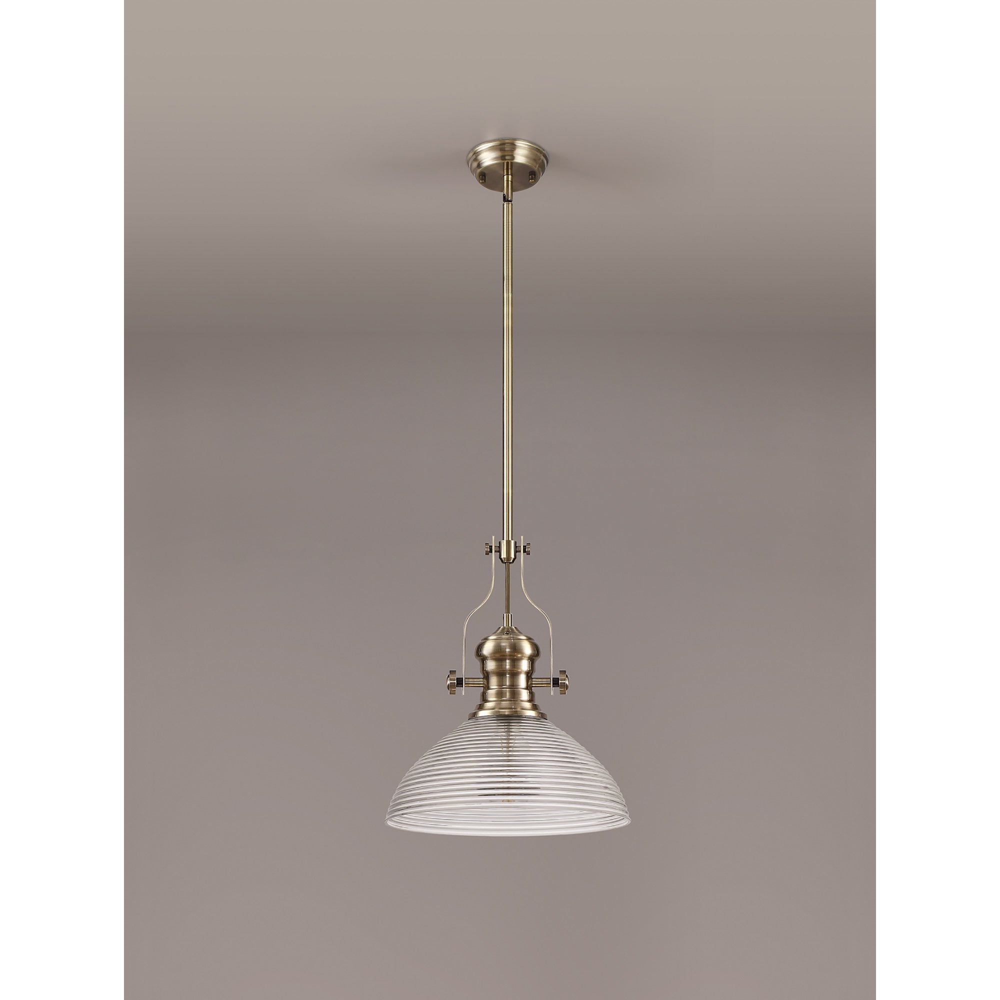 NLK01249 Louis 1 Light Telescopic Pendant With 33.5cm Prismatic Glass Shade Antique Brass/Clear