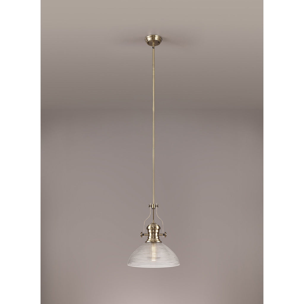 NLK01249 Louis 1 Light Telescopic Pendant With 33.5cm Prismatic Glass Shade Antique Brass/Clear