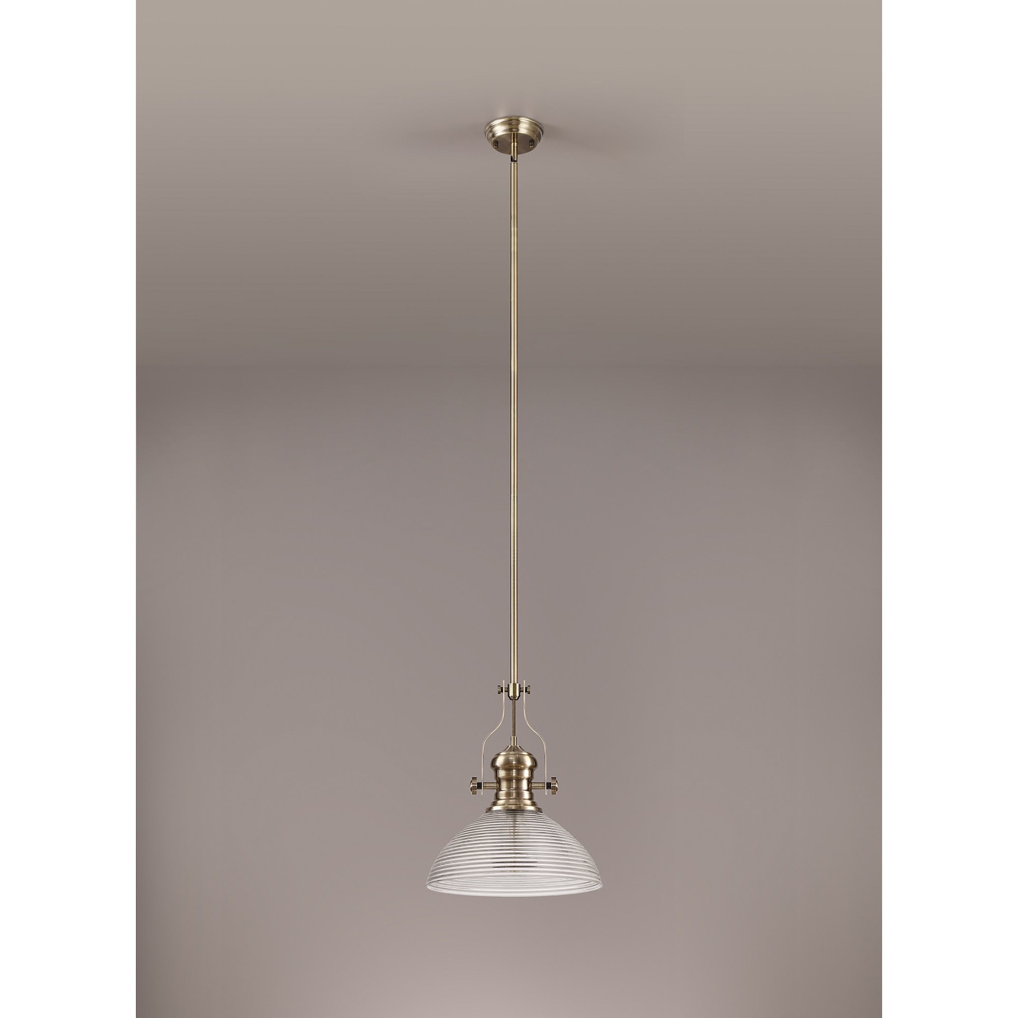 NLK01249 Louis 1 Light Telescopic Pendant With 33.5cm Prismatic Glass Shade Antique Brass/Clear