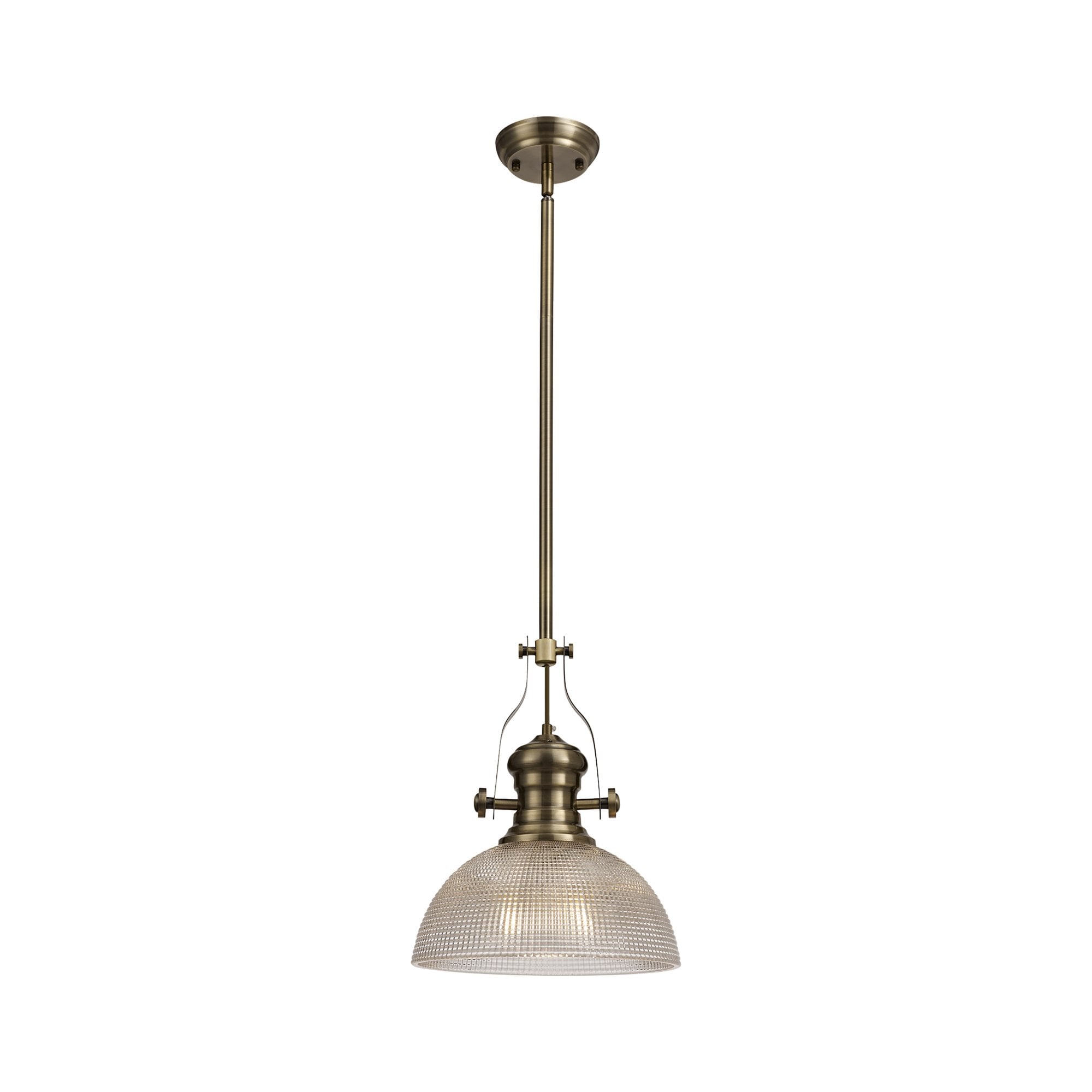 NLK01259 Louis 1 Light Telescopic Pendant With 30cm Prismatic Glass Shade Antique Brass/Clear