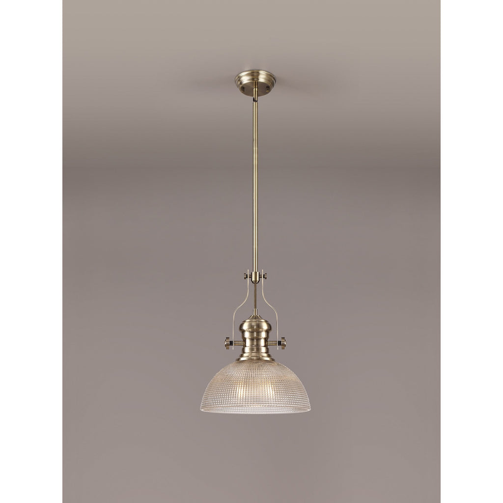 NLK01259 Louis 1 Light Telescopic Pendant With 30cm Prismatic Glass Shade Antique Brass/Clear