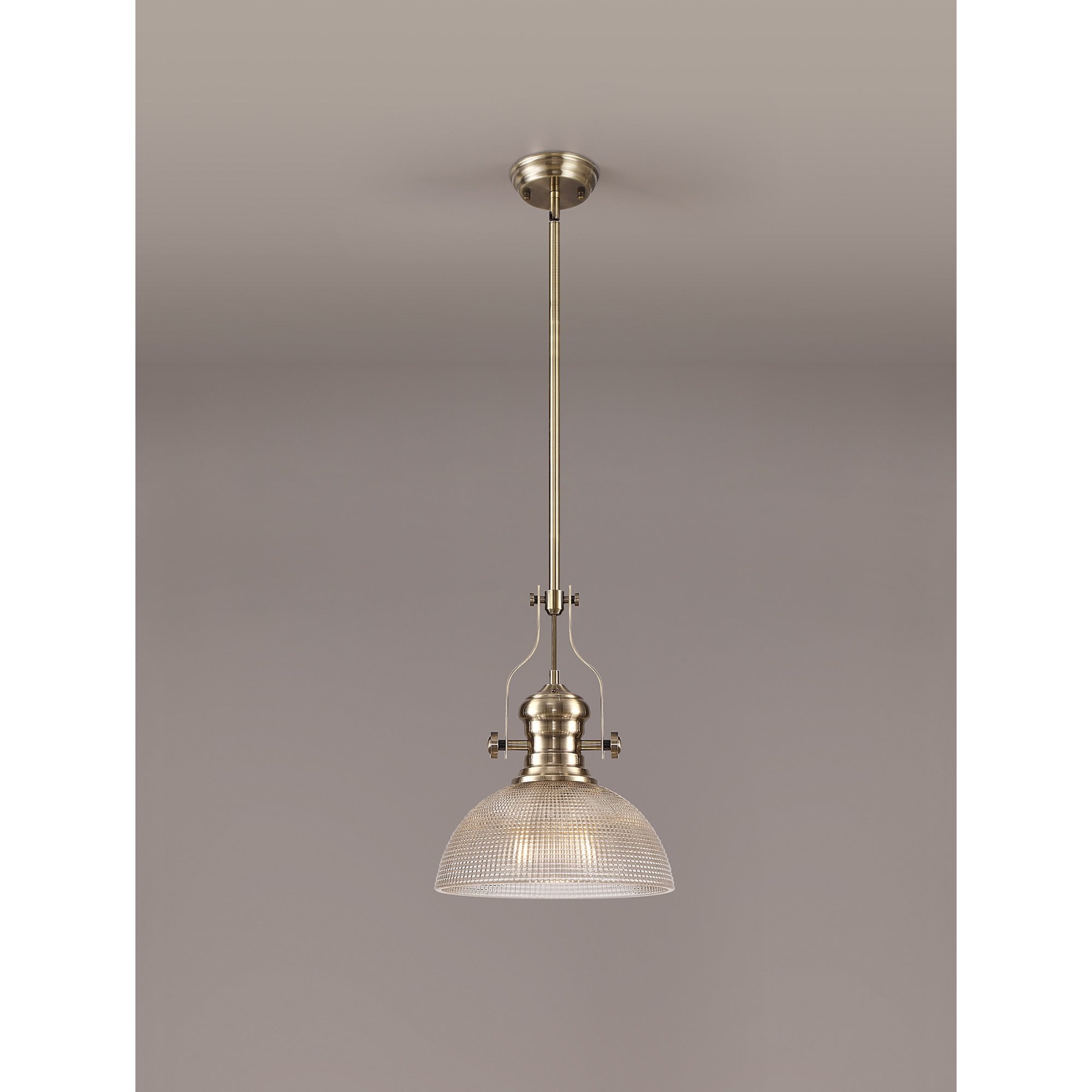 NLK01259 Louis 1 Light Telescopic Pendant With 30cm Prismatic Glass Shade Antique Brass/Clear