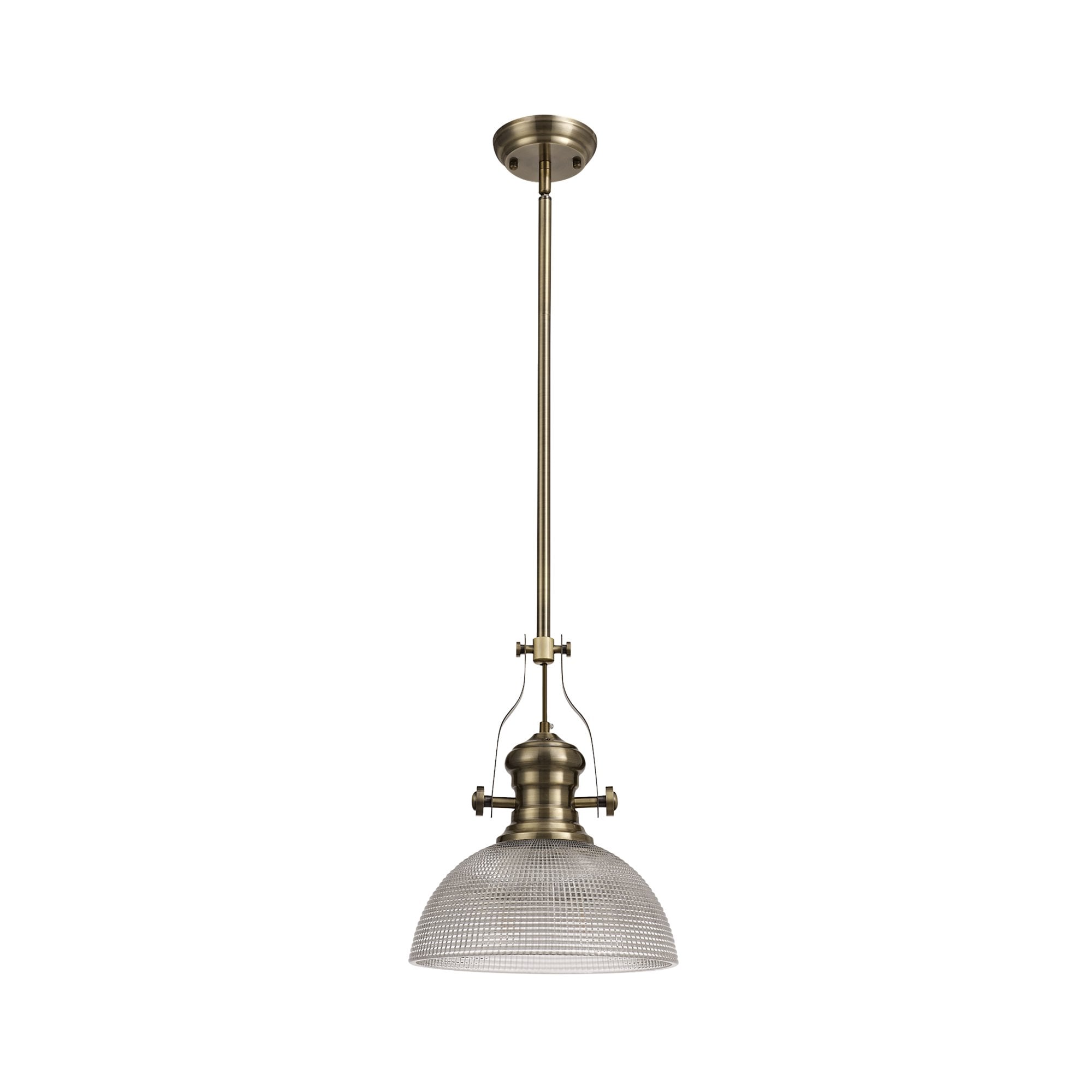 NLK01259 Louis 1 Light Telescopic Pendant With 30cm Prismatic Glass Shade Antique Brass/Clear