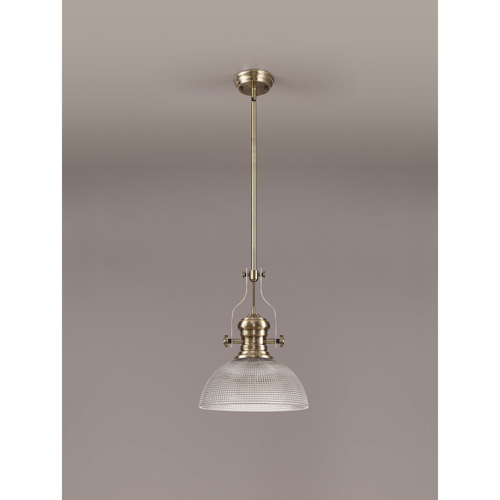 NLK01259 Louis 1 Light Telescopic Pendant With 30cm Prismatic Glass Shade Antique Brass/Clear