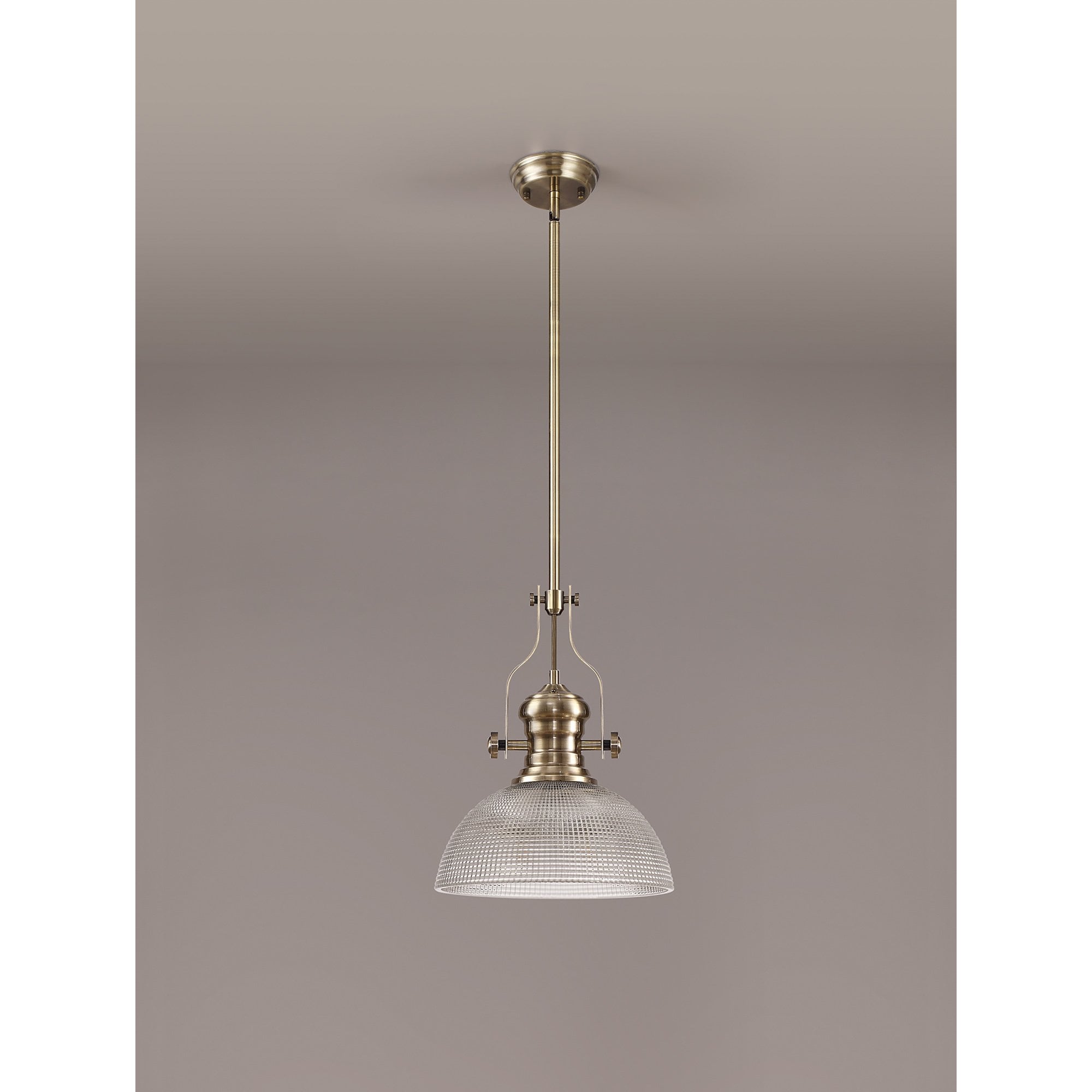 NLK01259 Louis 1 Light Telescopic Pendant With 30cm Prismatic Glass Shade Antique Brass/Clear