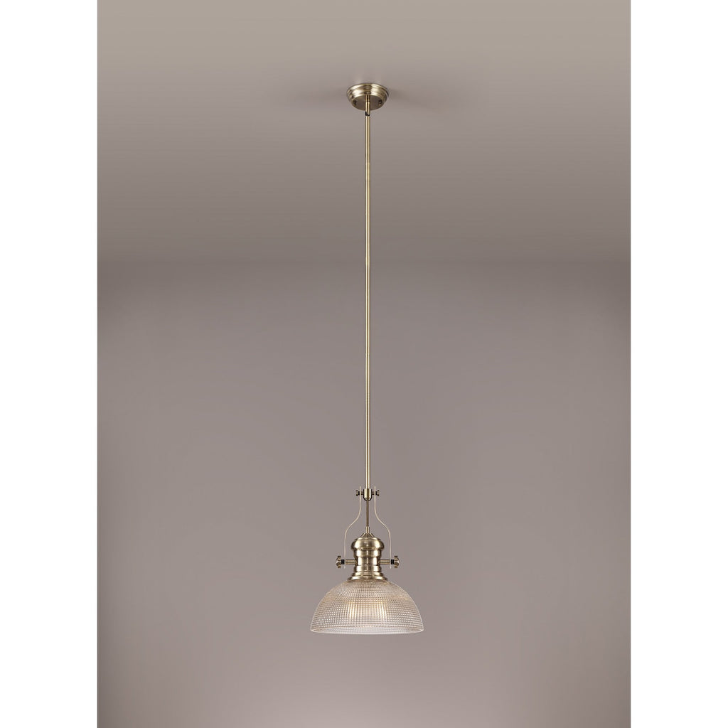 NLK01259 Louis 1 Light Telescopic Pendant With 30cm Prismatic Glass Shade Antique Brass/Clear