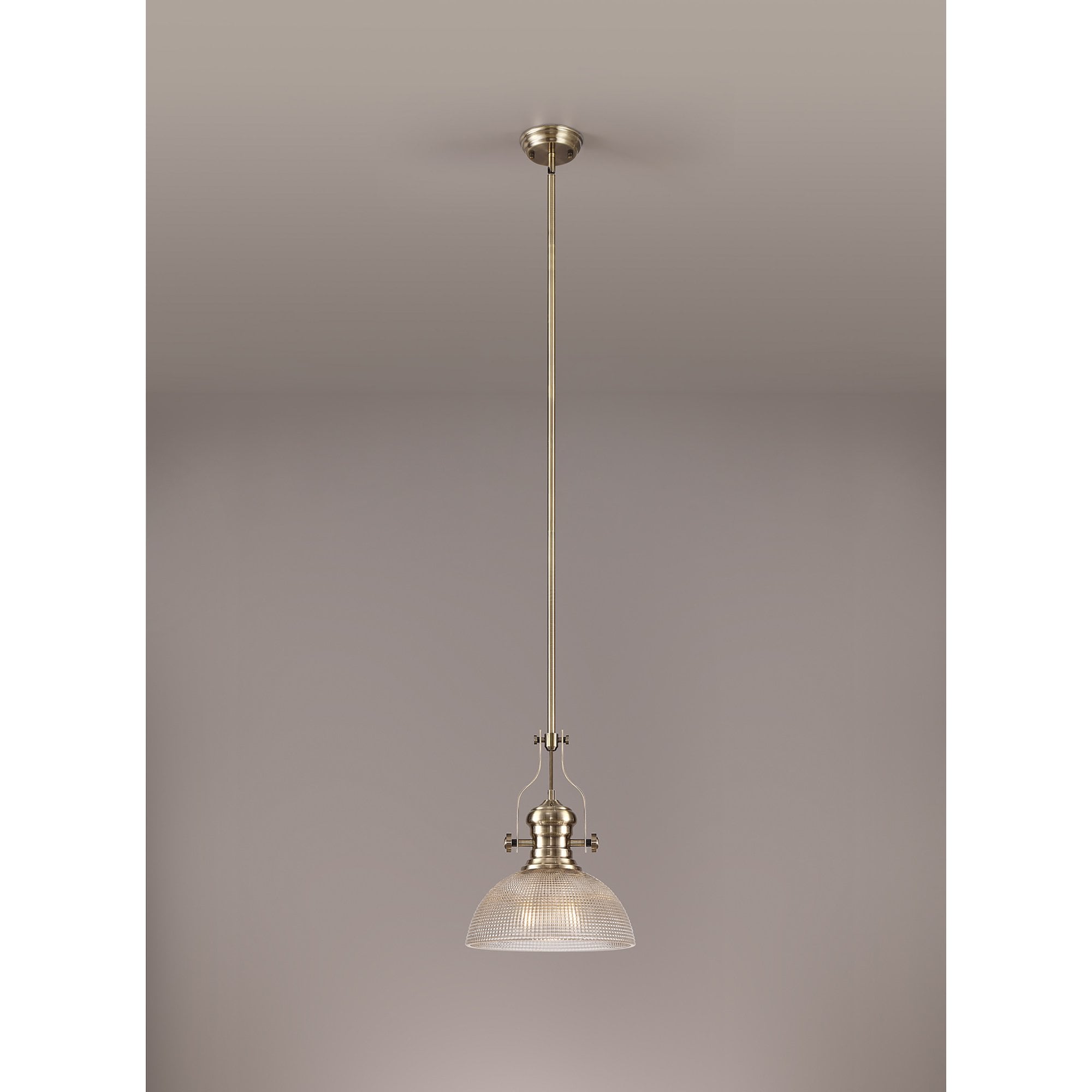 NLK01259 Louis 1 Light Telescopic Pendant With 30cm Prismatic Glass Shade Antique Brass/Clear