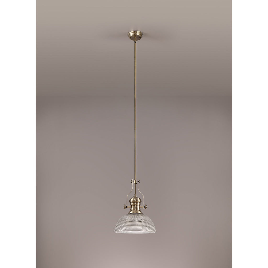 NLK01259 Louis 1 Light Telescopic Pendant With 30cm Prismatic Glass Shade Antique Brass/Clear