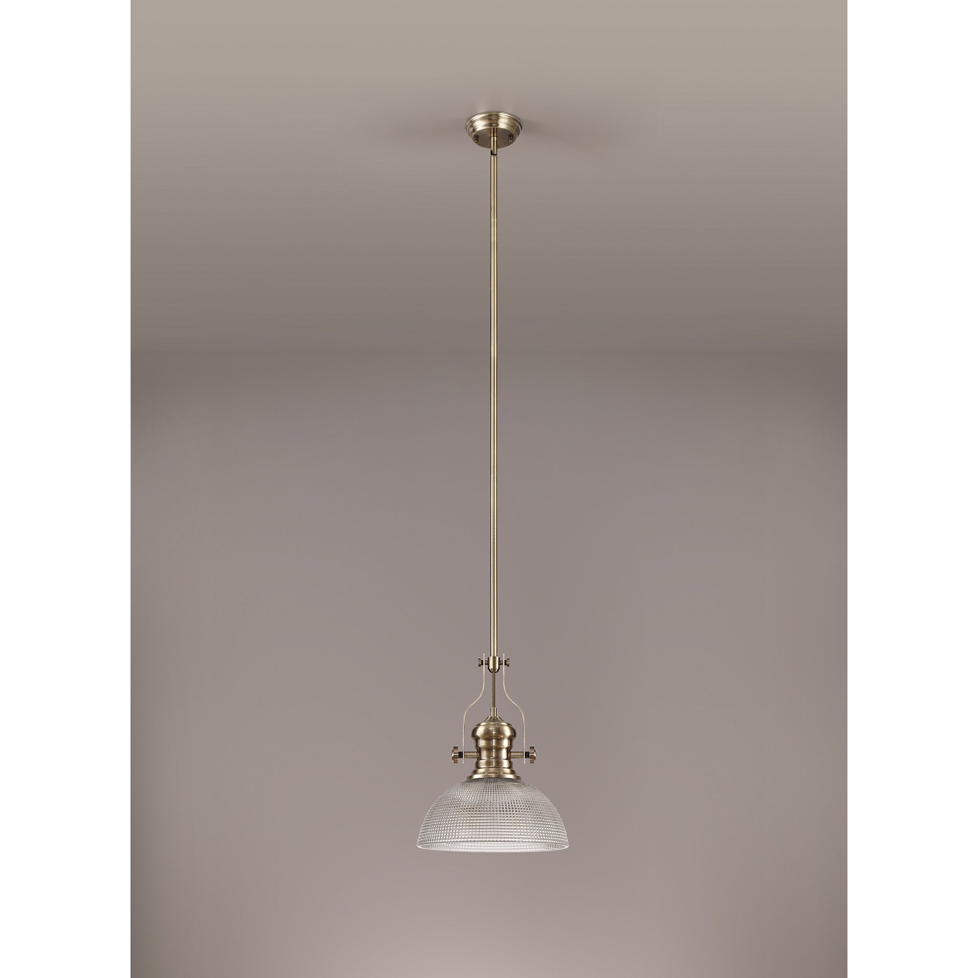 NLK01259 Louis 1 Light Telescopic Pendant With 30cm Prismatic Glass Shade Antique Brass/Clear
