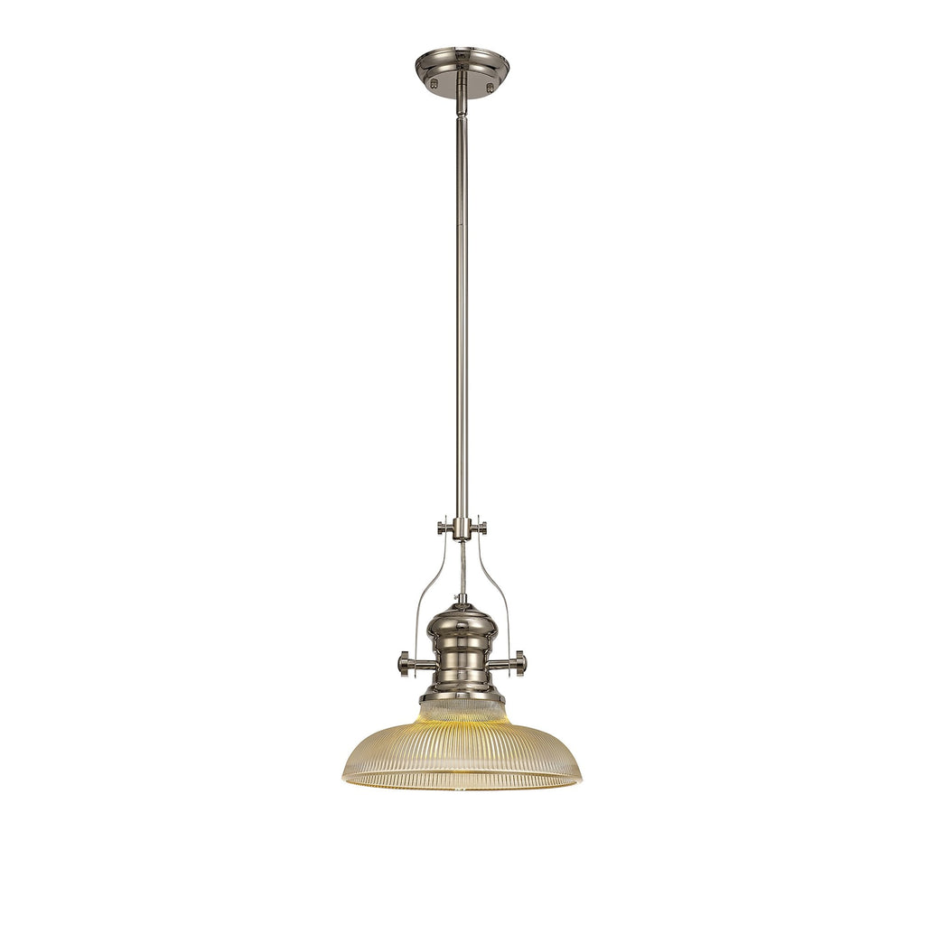 NLK01269 Louis 1 Light Telescopic Pendant With 30cm Round Glass Shade Polished Nickel/Amber