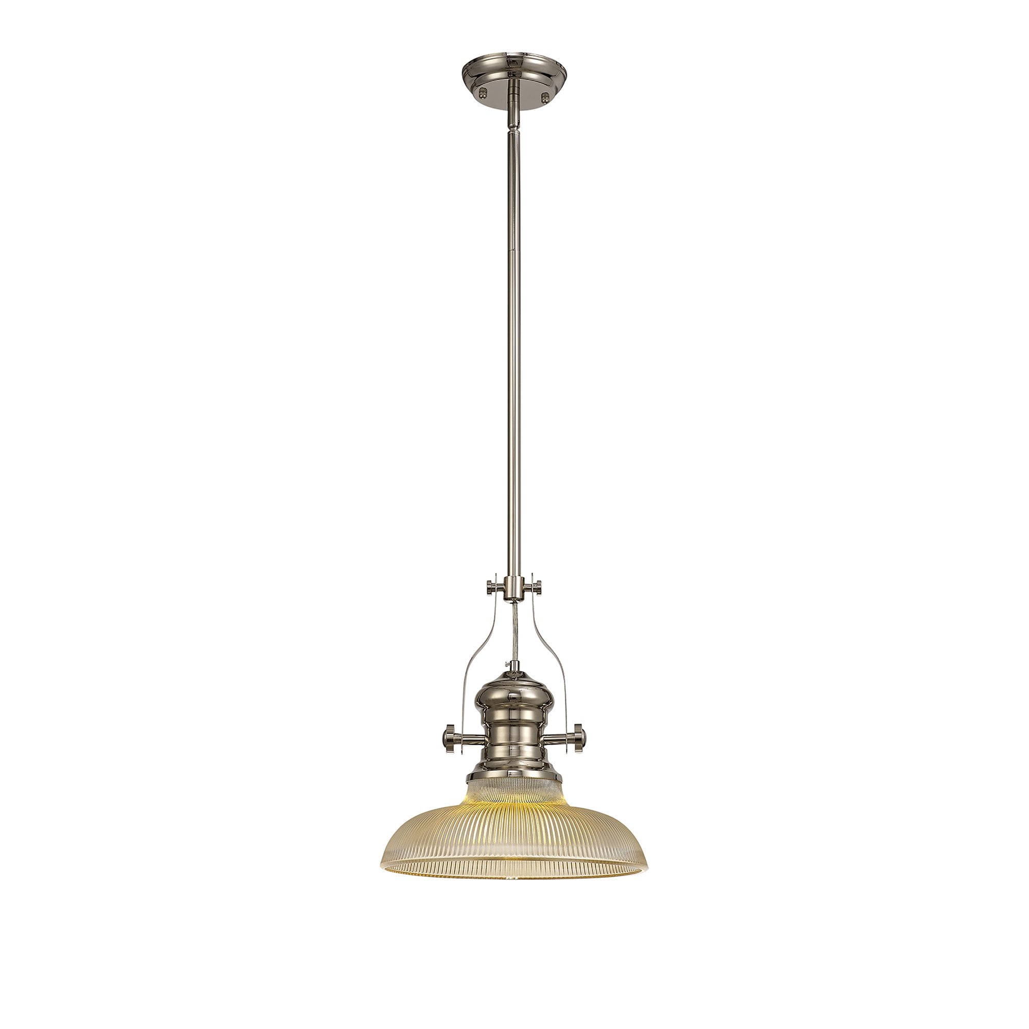 NLK01269 Louis 1 Light Telescopic Pendant With 30cm Round Glass Shade Polished Nickel/Amber