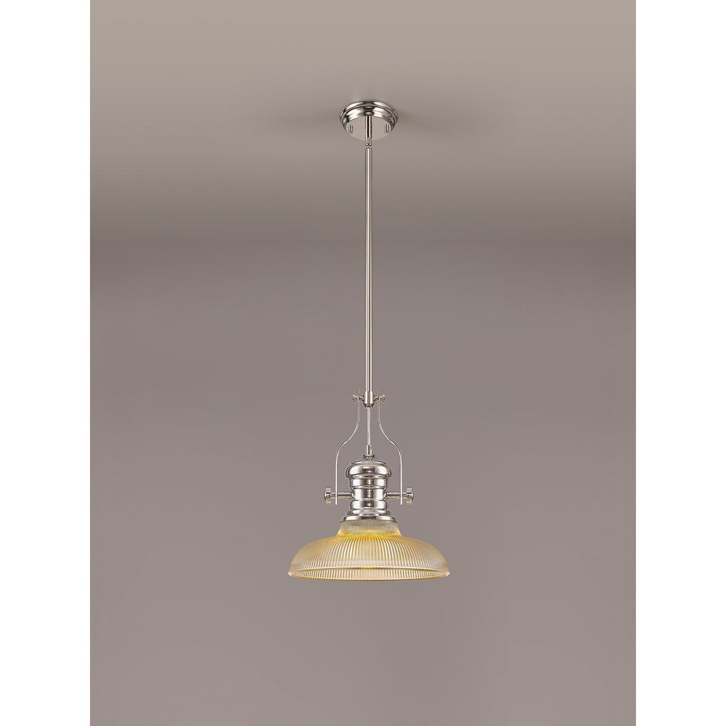 NLK01269 Louis 1 Light Telescopic Pendant With 30cm Round Glass Shade Polished Nickel/Amber