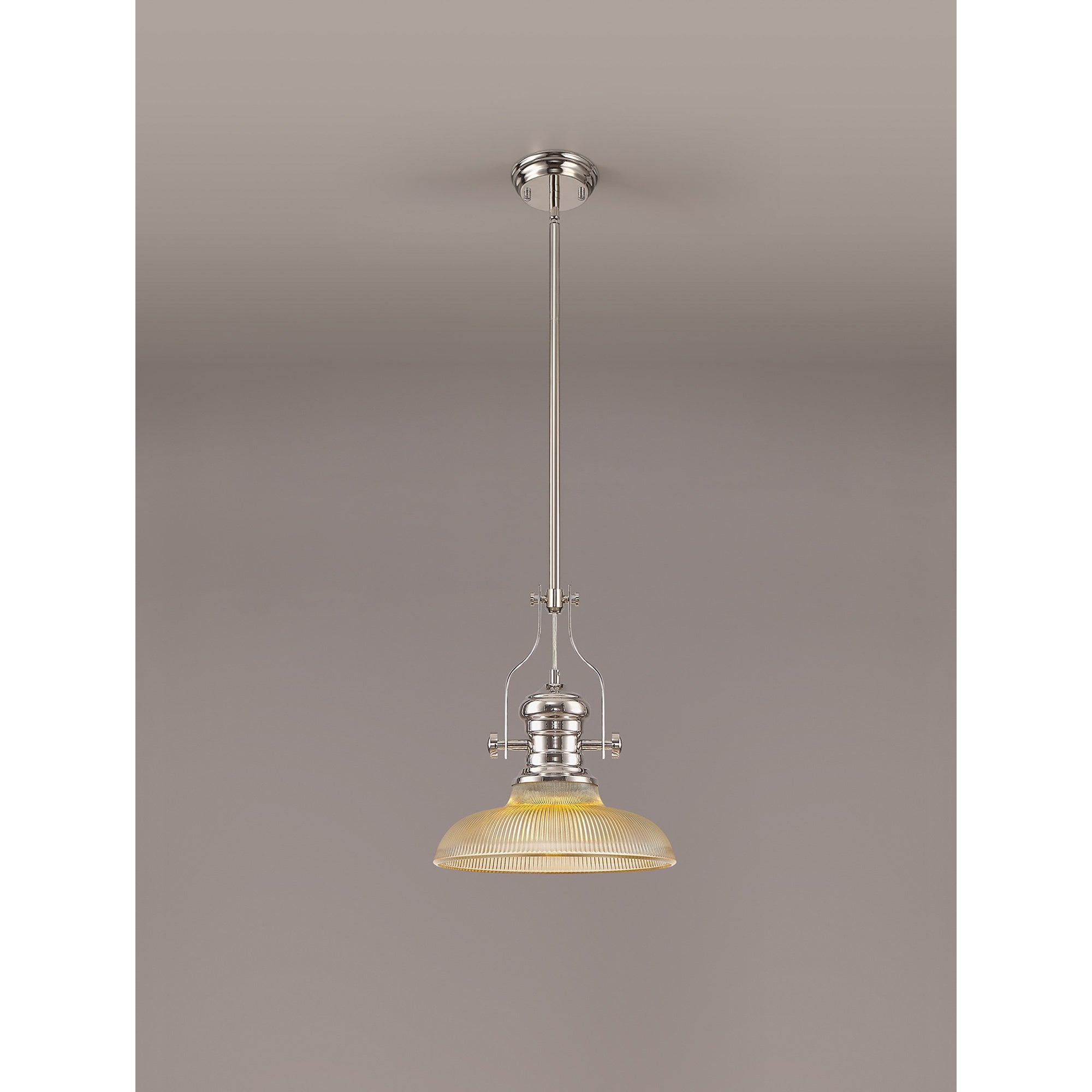 NLK01269 Louis 1 Light Telescopic Pendant With 30cm Round Glass Shade Polished Nickel/Amber