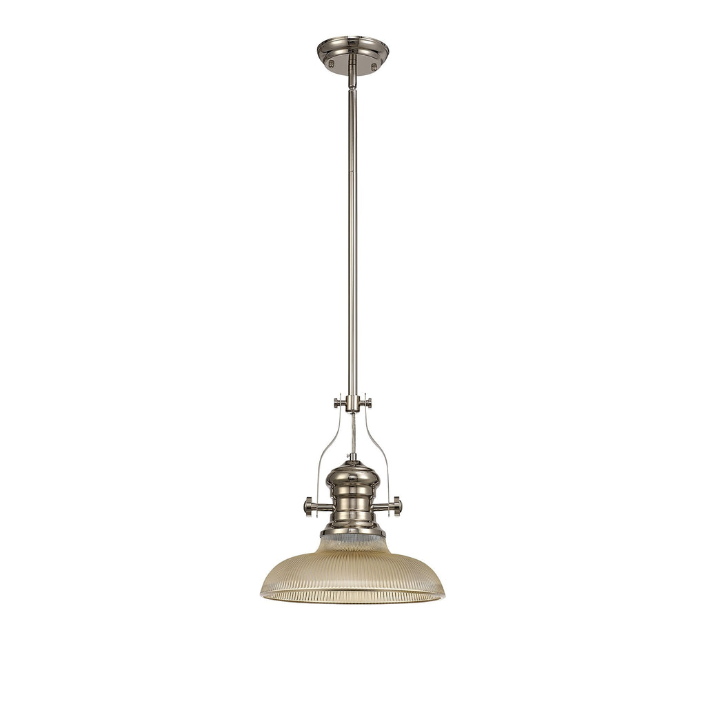 NLK01269 Louis 1 Light Telescopic Pendant With 30cm Round Glass Shade Polished Nickel/Amber