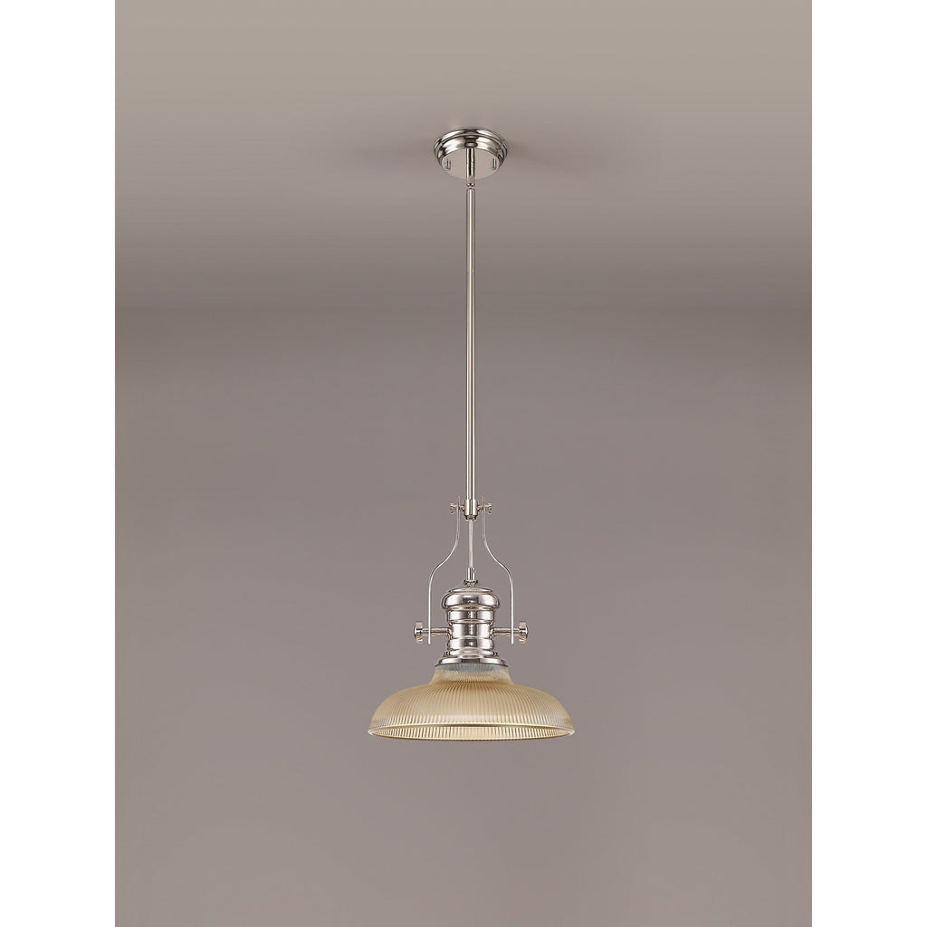 NLK01269 Louis 1 Light Telescopic Pendant With 30cm Round Glass Shade Polished Nickel/Amber
