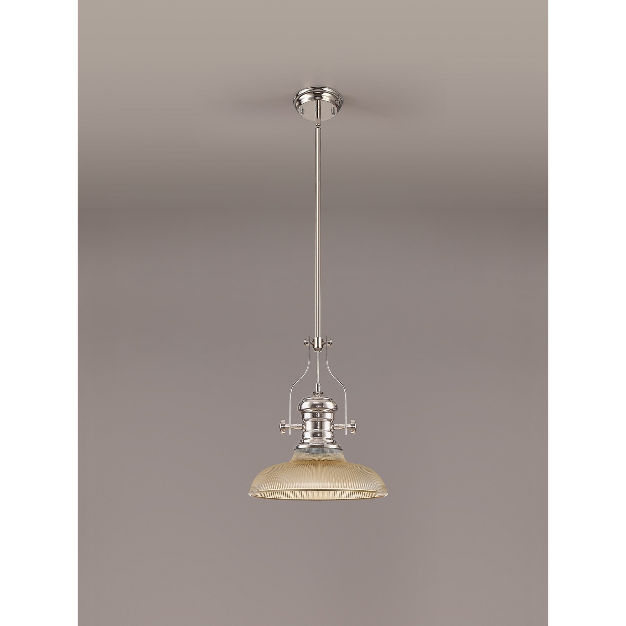NLK01269 Louis 1 Light Telescopic Pendant With 30cm Round Glass Shade Polished Nickel/Amber