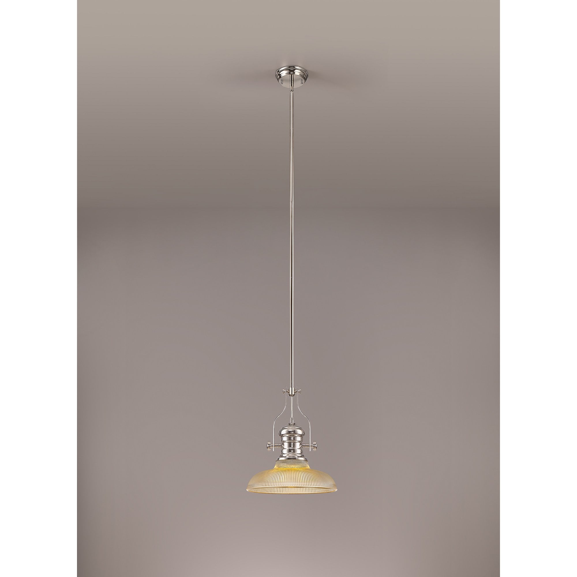 NLK01269 Louis 1 Light Telescopic Pendant With 30cm Round Glass Shade Polished Nickel/Amber