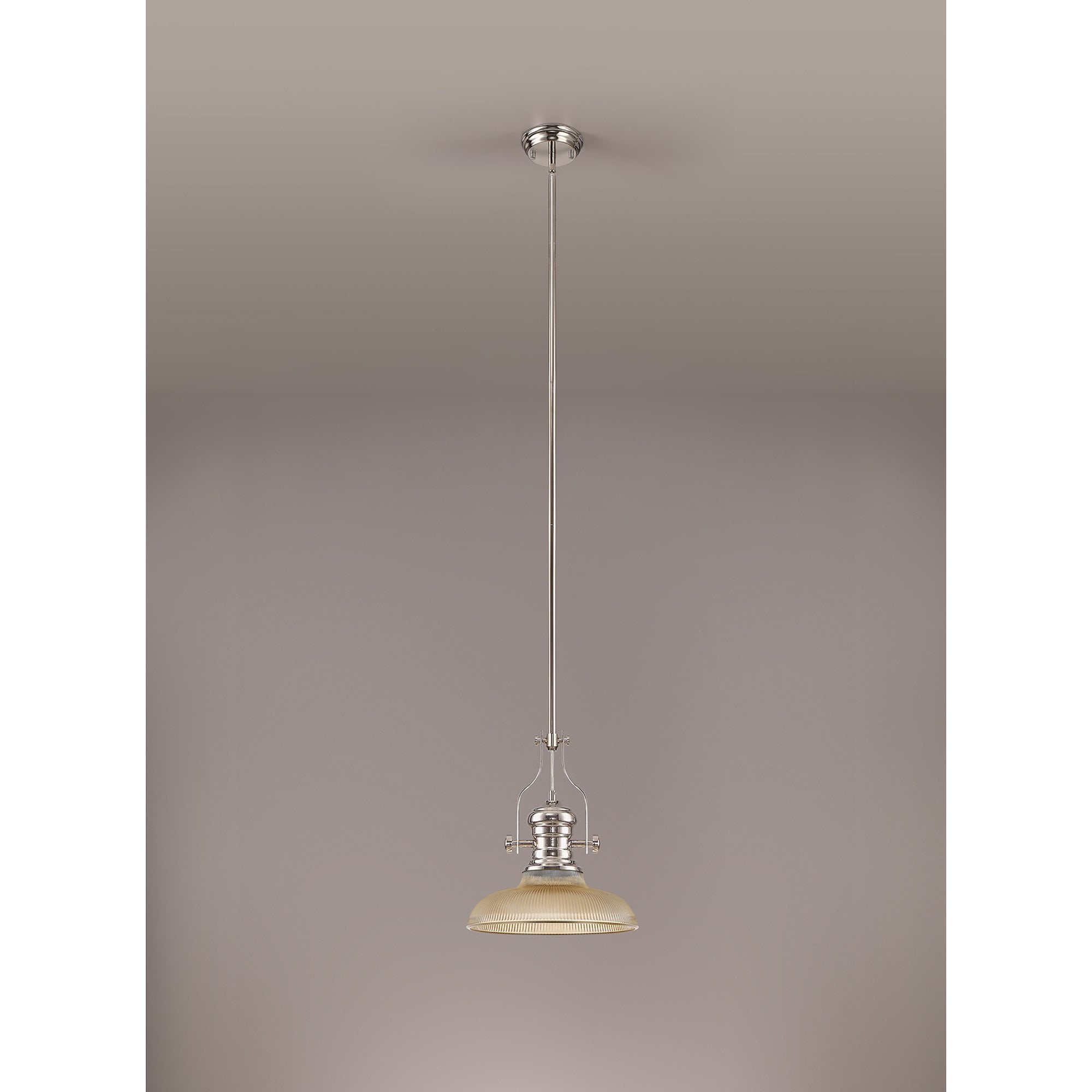NLK01269 Louis 1 Light Telescopic Pendant With 30cm Round Glass Shade Polished Nickel/Amber