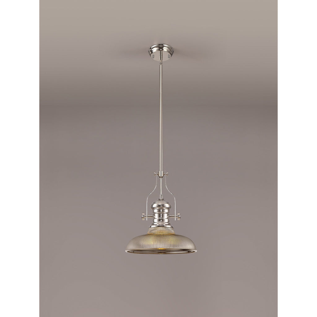 NLK01279 Louis 1 Light Telescopic Pendant With 30cm Round Glass Shade Polished Nickel/Smoked