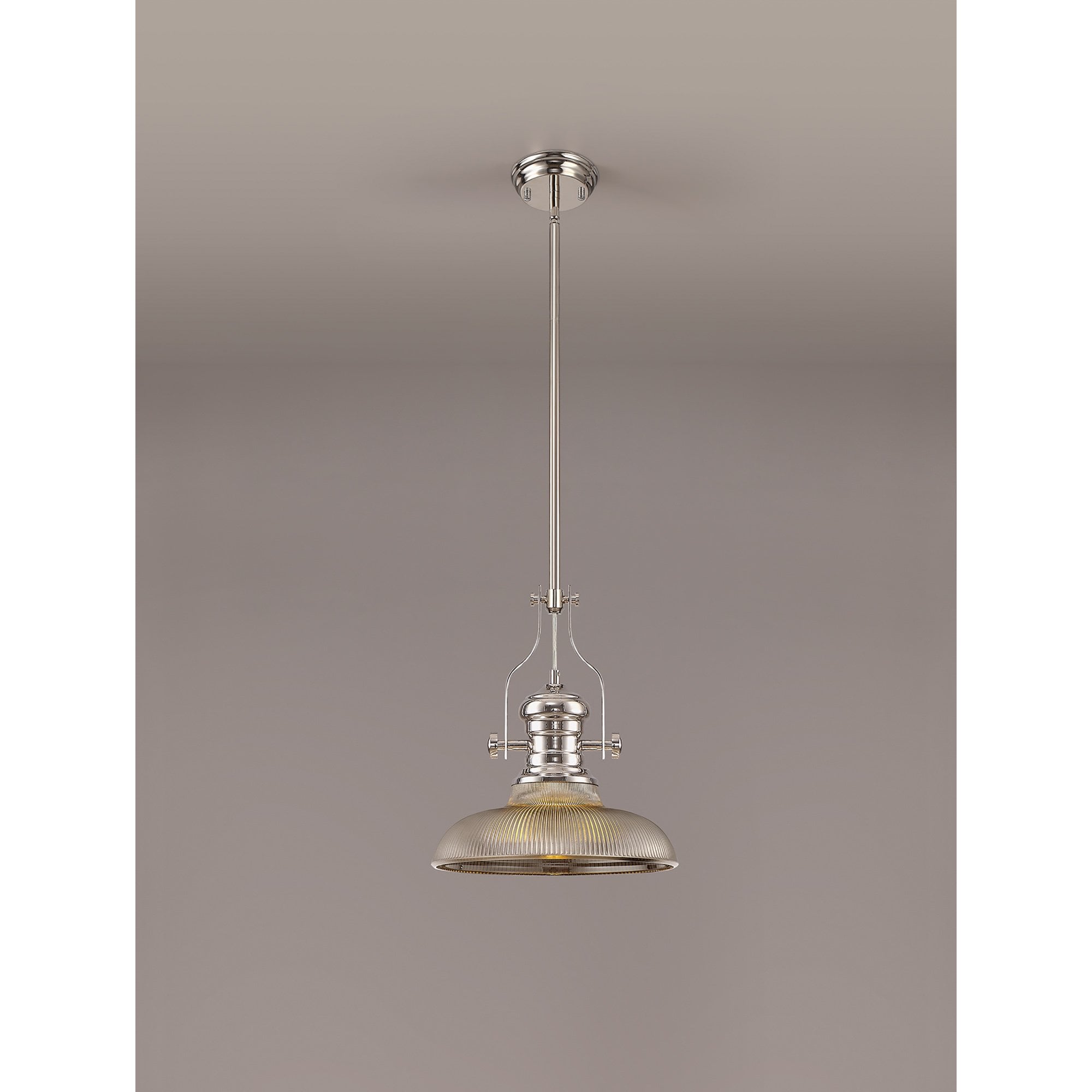 NLK01279 Louis 1 Light Telescopic Pendant With 30cm Round Glass Shade Polished Nickel/Smoked