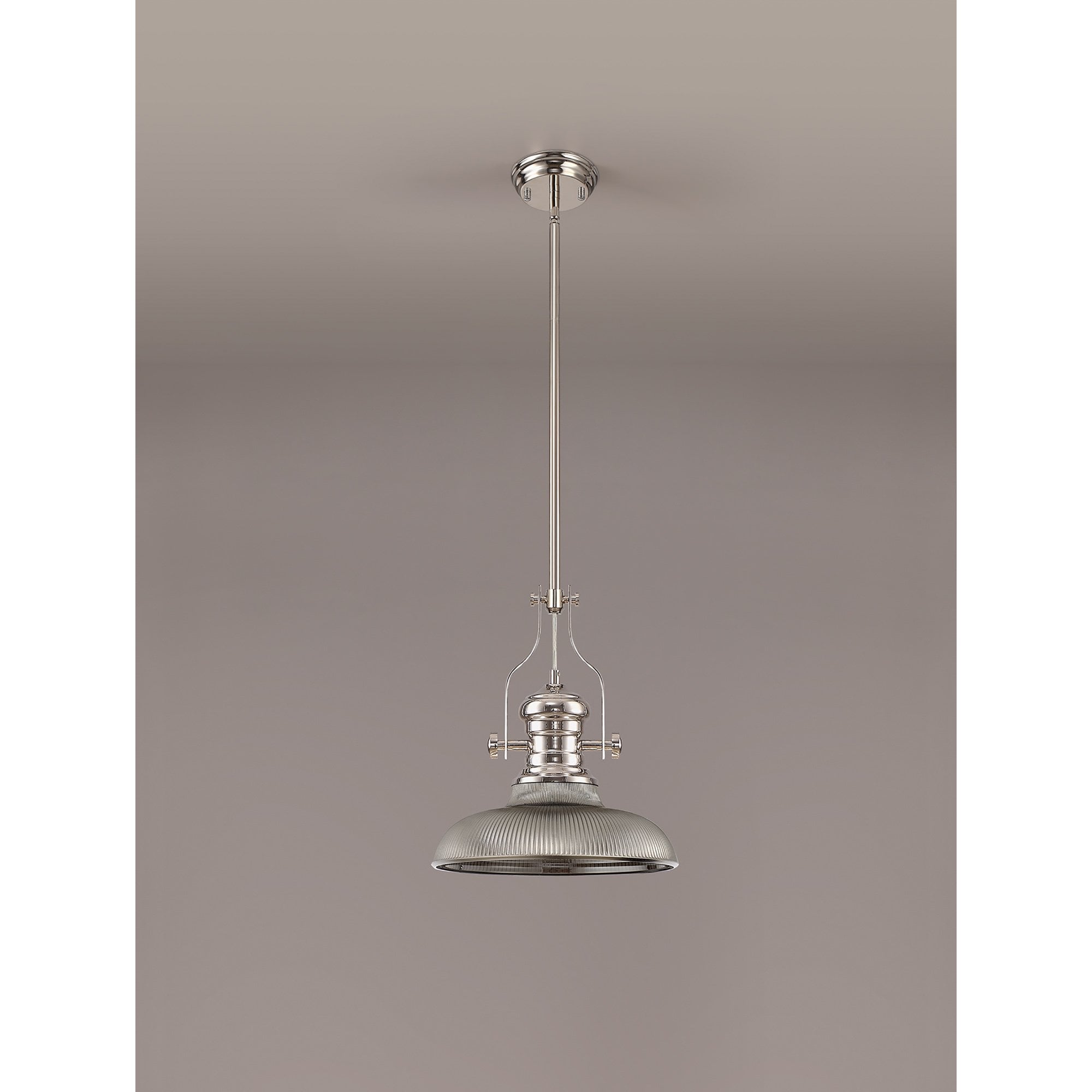NLK01279 Louis 1 Light Telescopic Pendant With 30cm Round Glass Shade Polished Nickel/Smoked