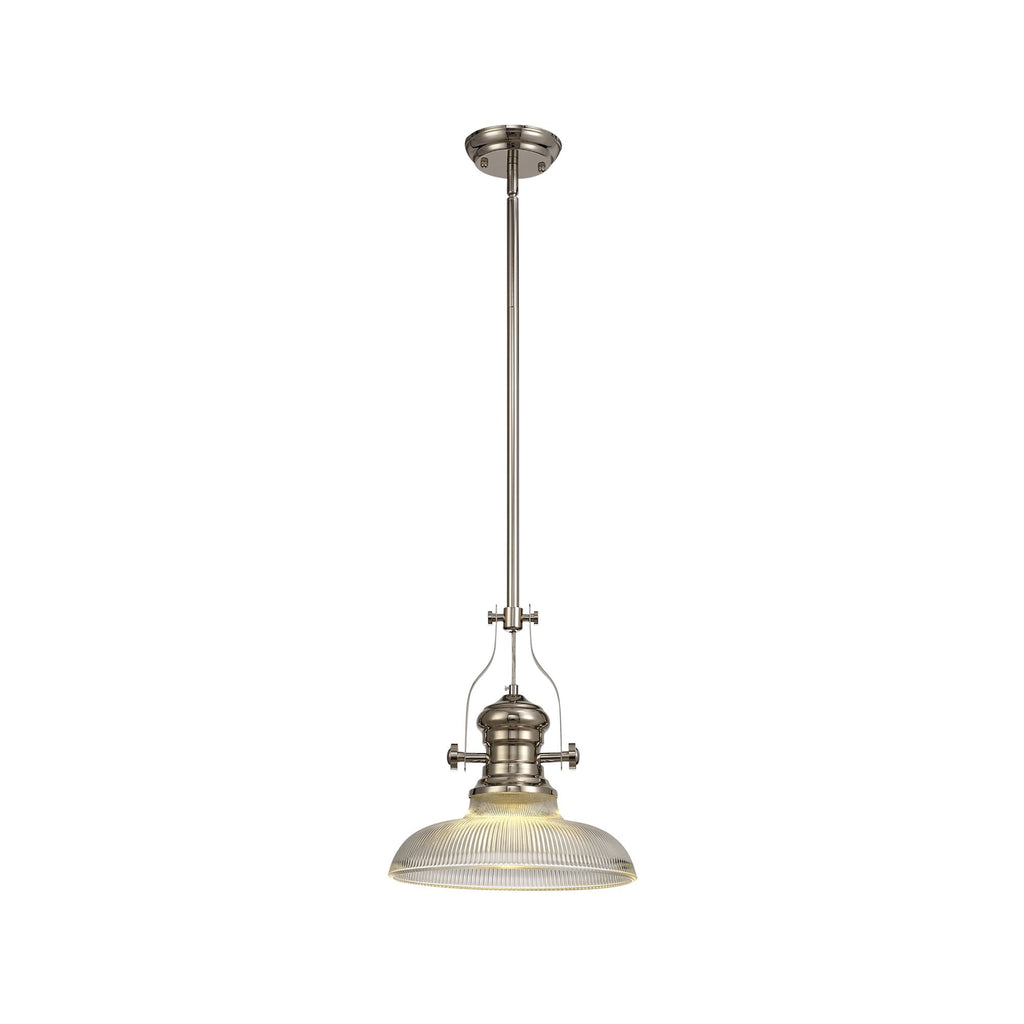 NLK01289 Louis 1 Light Telescopic Pendant With 30cm Round Glass Shade Polished Nickel/Clear