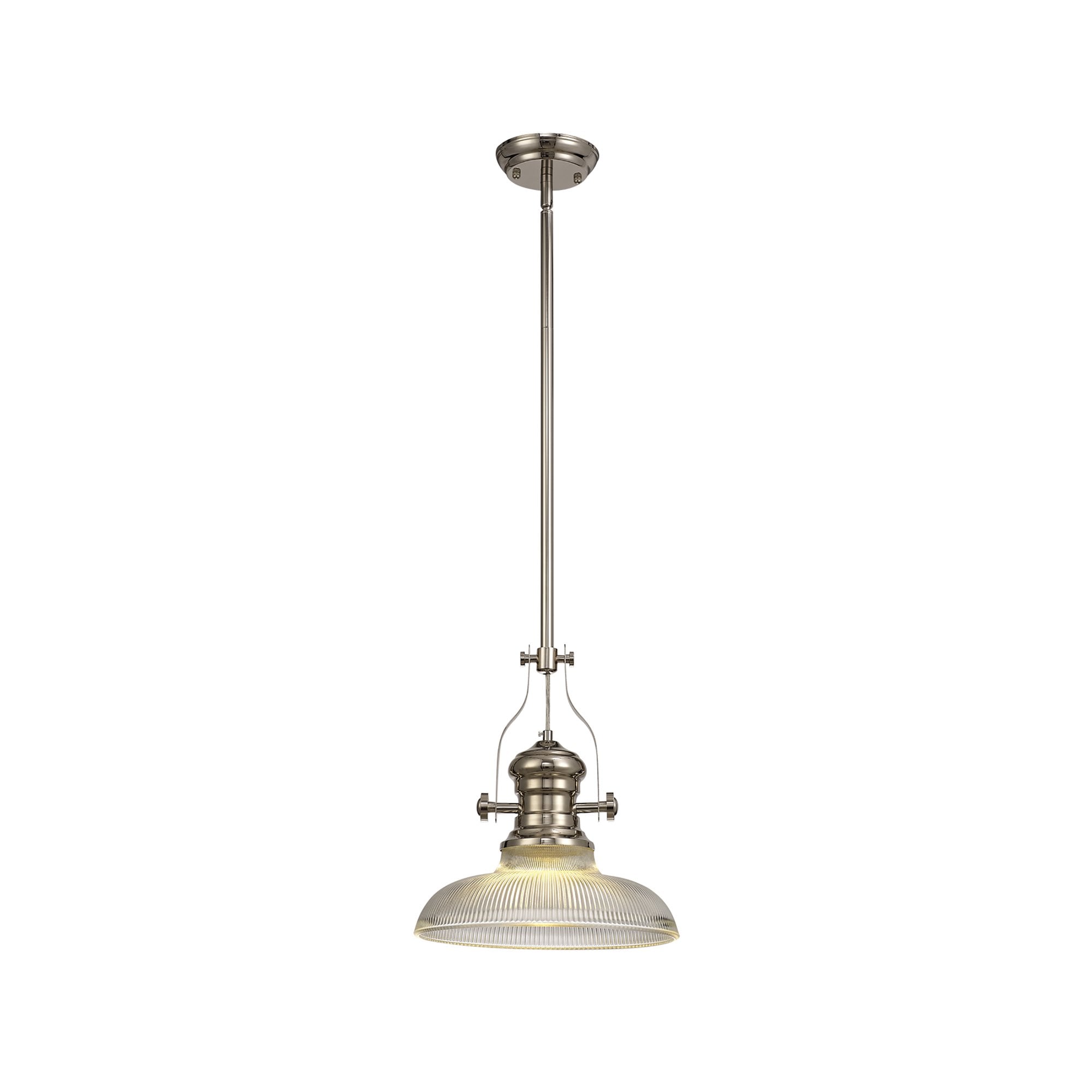 NLK01289 Louis 1 Light Telescopic Pendant With 30cm Round Glass Shade Polished Nickel/Clear