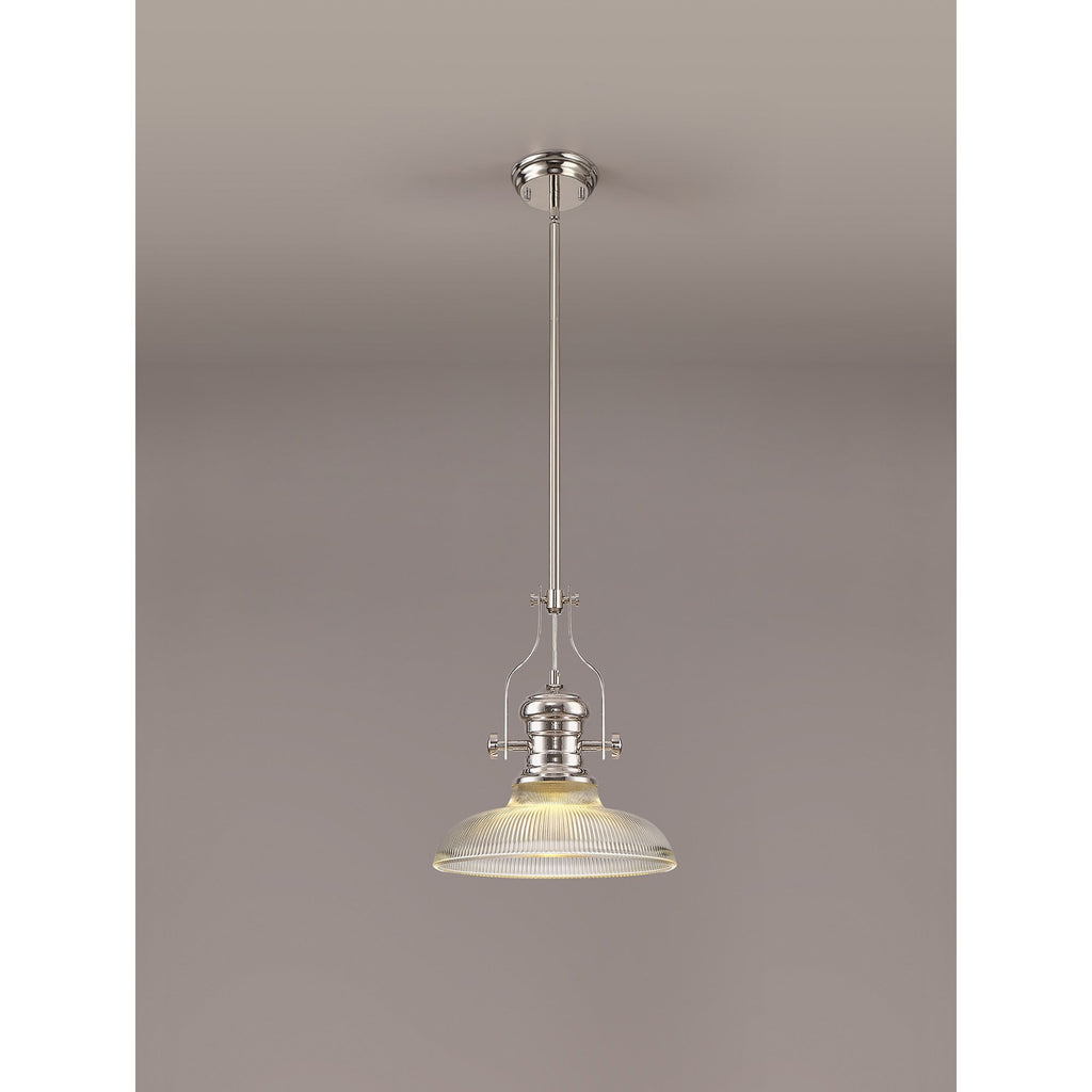 NLK01289 Louis 1 Light Telescopic Pendant With 30cm Round Glass Shade Polished Nickel/Clear