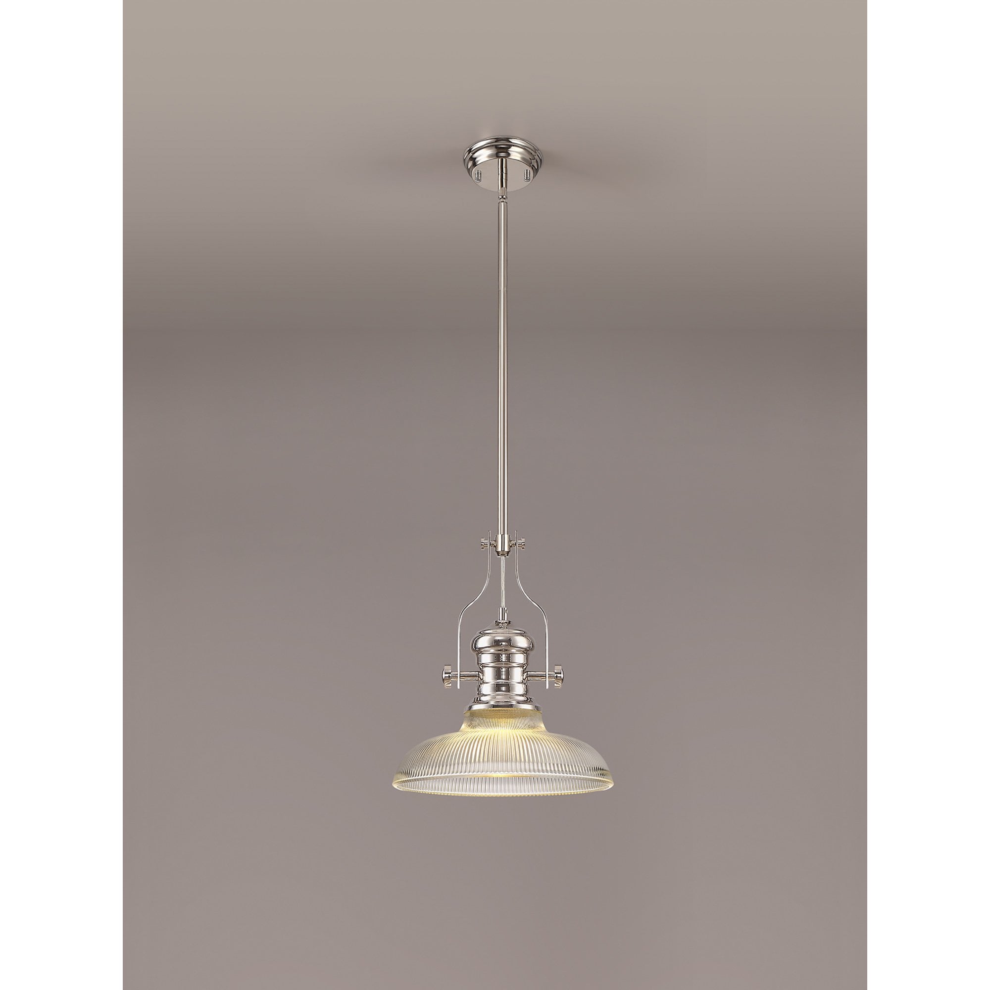 NLK01289 Louis 1 Light Telescopic Pendant With 30cm Round Glass Shade Polished Nickel/Clear
