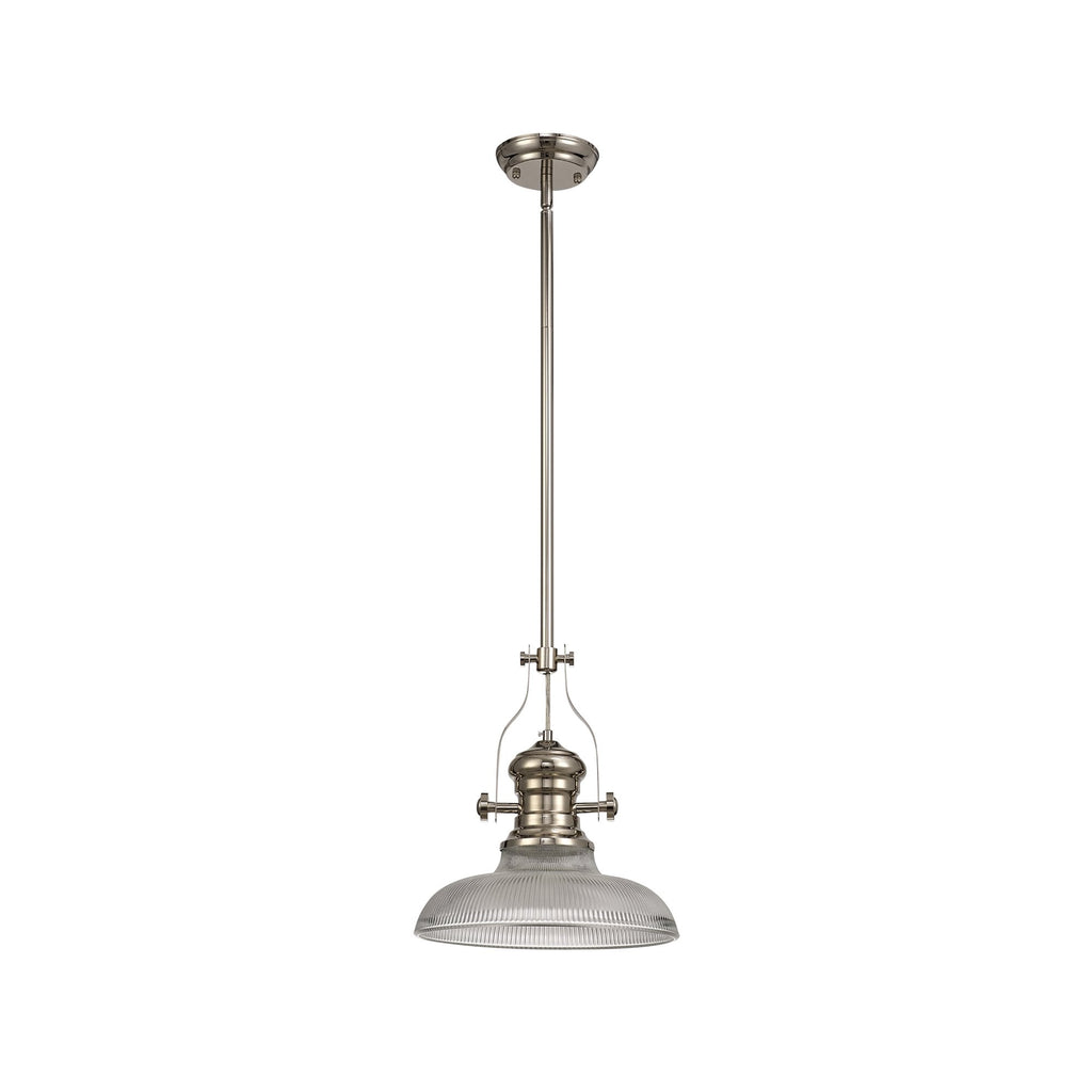 NLK01289 Louis 1 Light Telescopic Pendant With 30cm Round Glass Shade Polished Nickel/Clear