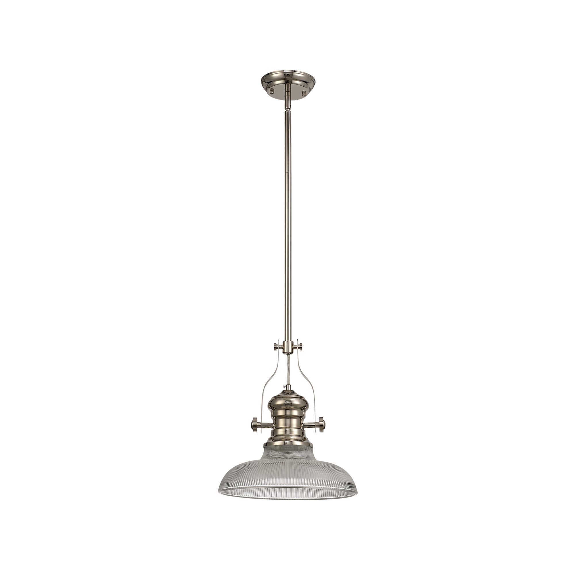 NLK01289 Louis 1 Light Telescopic Pendant With 30cm Round Glass Shade Polished Nickel/Clear