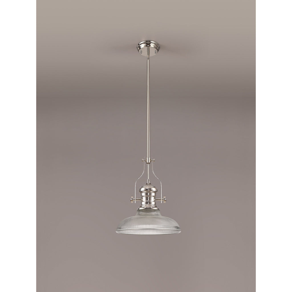 NLK01289 Louis 1 Light Telescopic Pendant With 30cm Round Glass Shade Polished Nickel/Clear