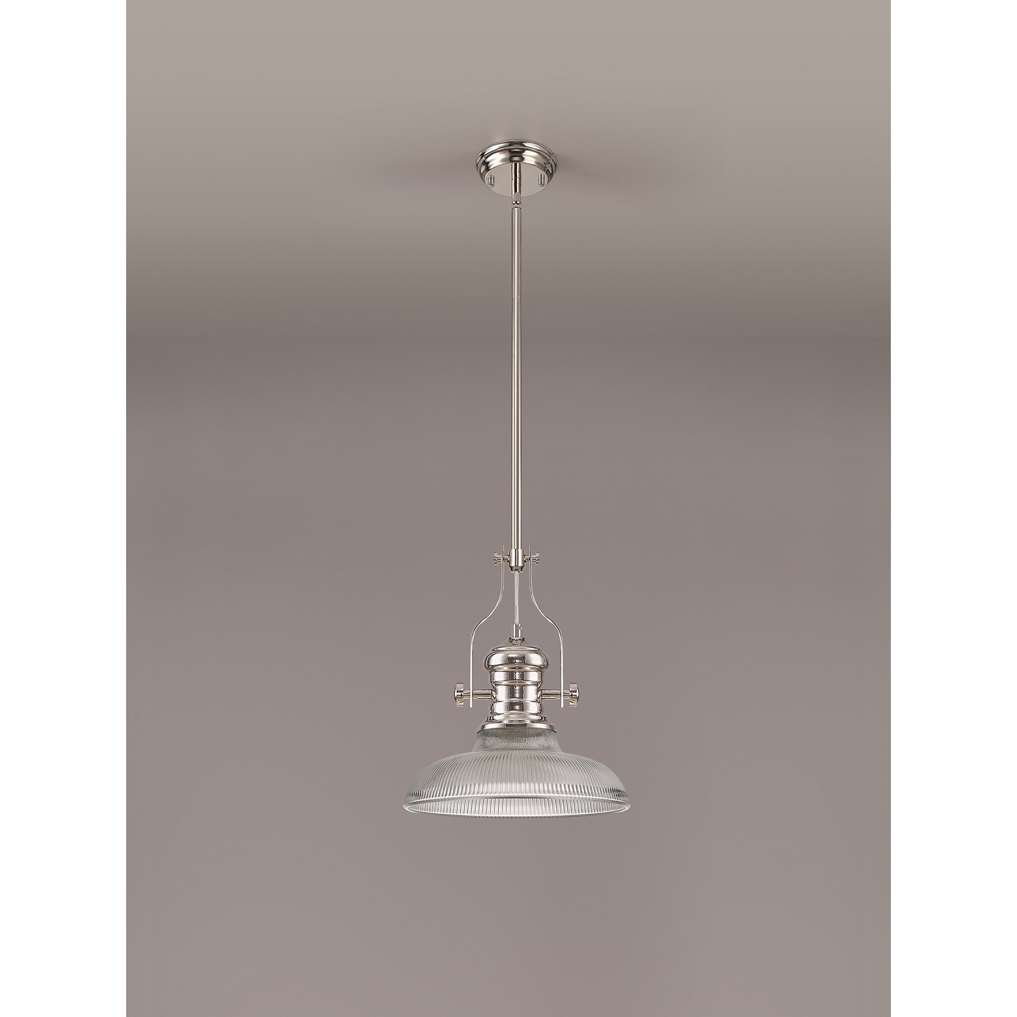 NLK01289 Louis 1 Light Telescopic Pendant With 30cm Round Glass Shade Polished Nickel/Clear