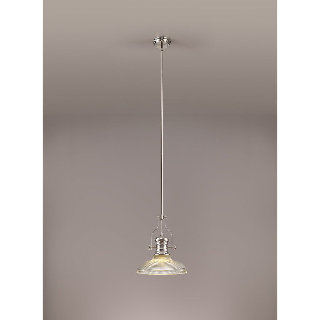 NLK01289 Louis 1 Light Telescopic Pendant With 30cm Round Glass Shade Polished Nickel/Clear