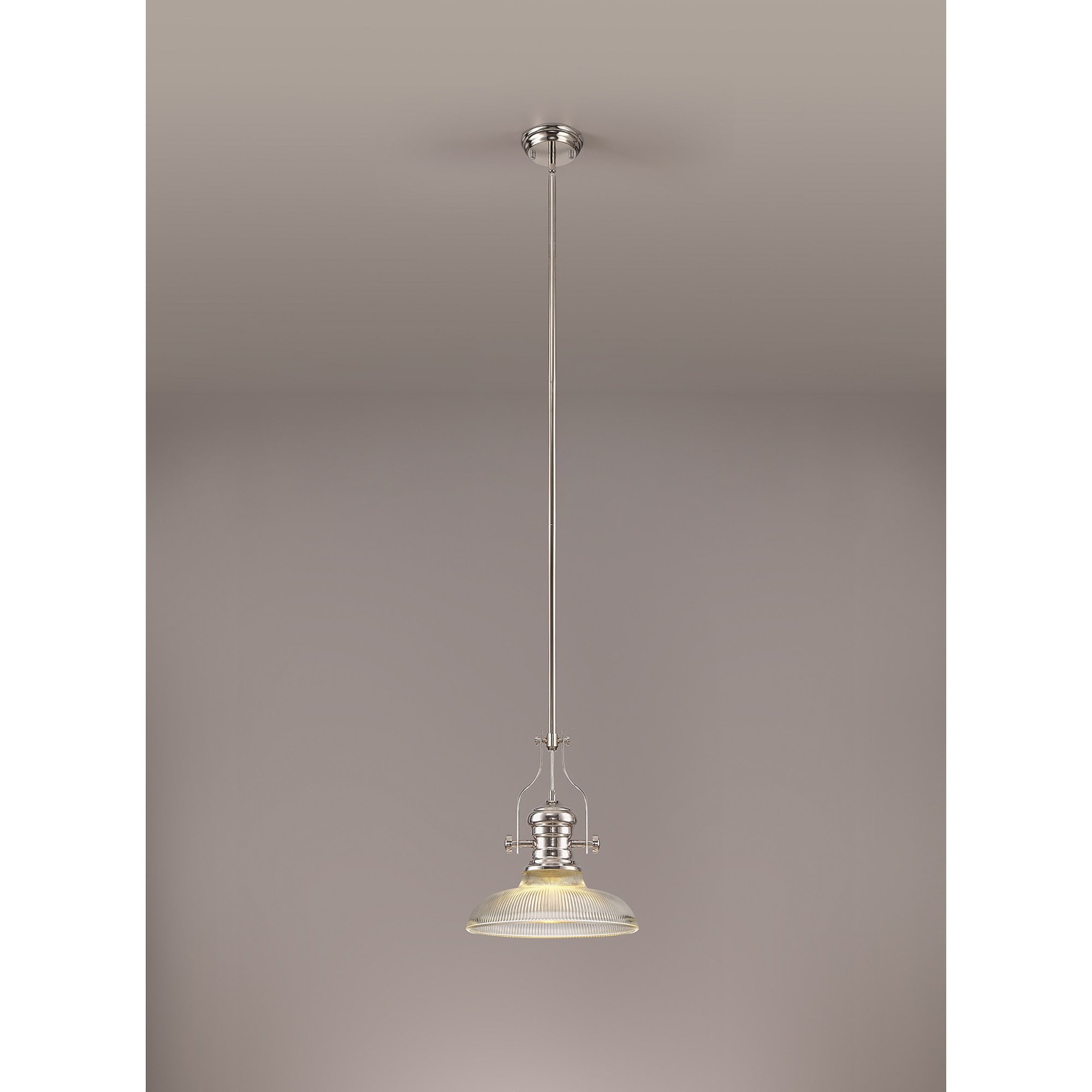 NLK01289 Louis 1 Light Telescopic Pendant With 30cm Round Glass Shade Polished Nickel/Clear