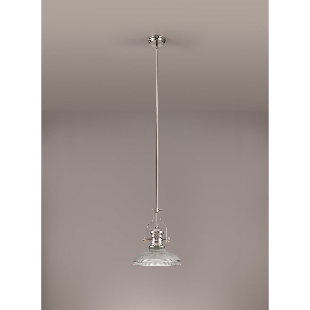 NLK01289 Louis 1 Light Telescopic Pendant With 30cm Round Glass Shade Polished Nickel/Clear