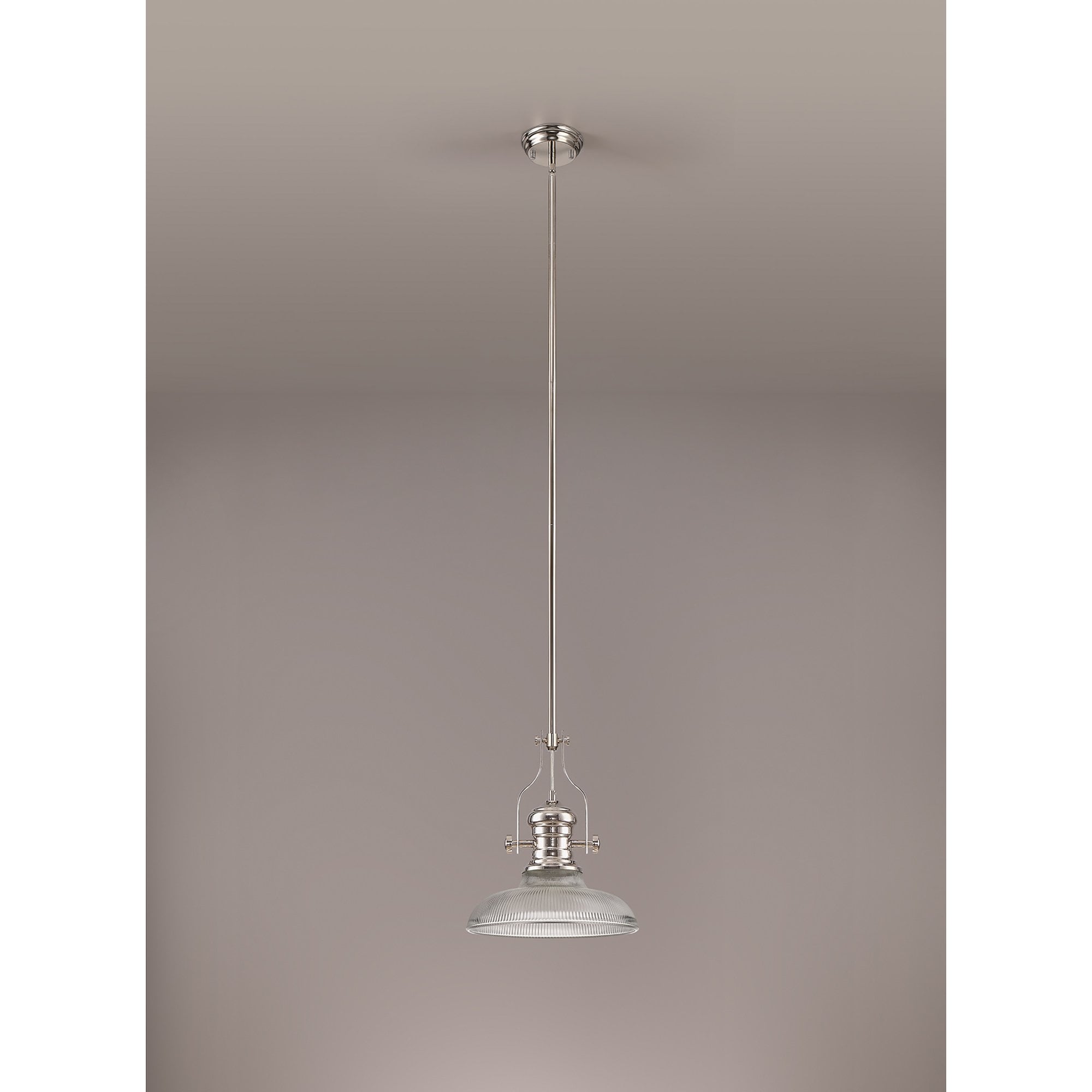 NLK01289 Louis 1 Light Telescopic Pendant With 30cm Round Glass Shade Polished Nickel/Clear