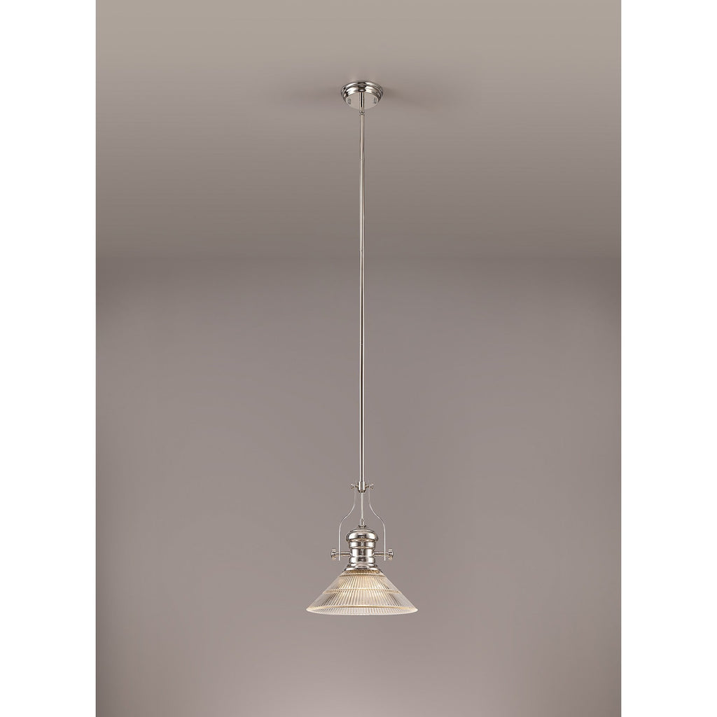 NLK01309 Louis 1 Light Telescopic Pendant With 30cm Cone Glass Shade Polished Nickel/Clear