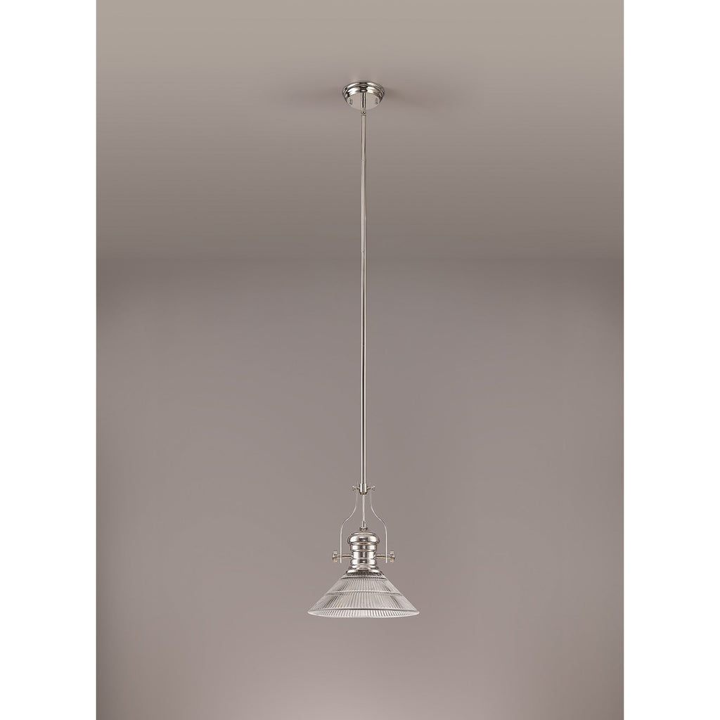 NLK01309 Louis 1 Light Telescopic Pendant With 30cm Cone Glass Shade Polished Nickel/Clear
