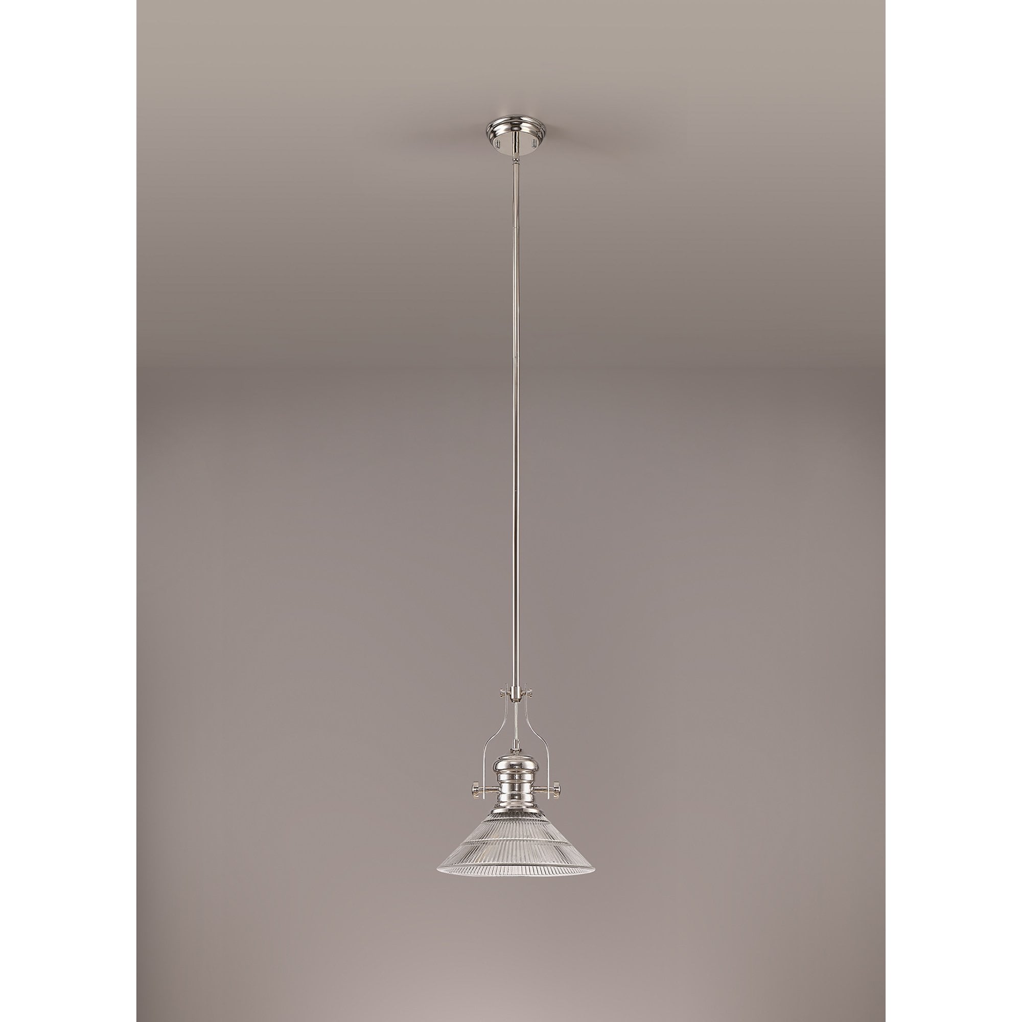 NLK01309 Louis 1 Light Telescopic Pendant With 30cm Cone Glass Shade Polished Nickel/Clear