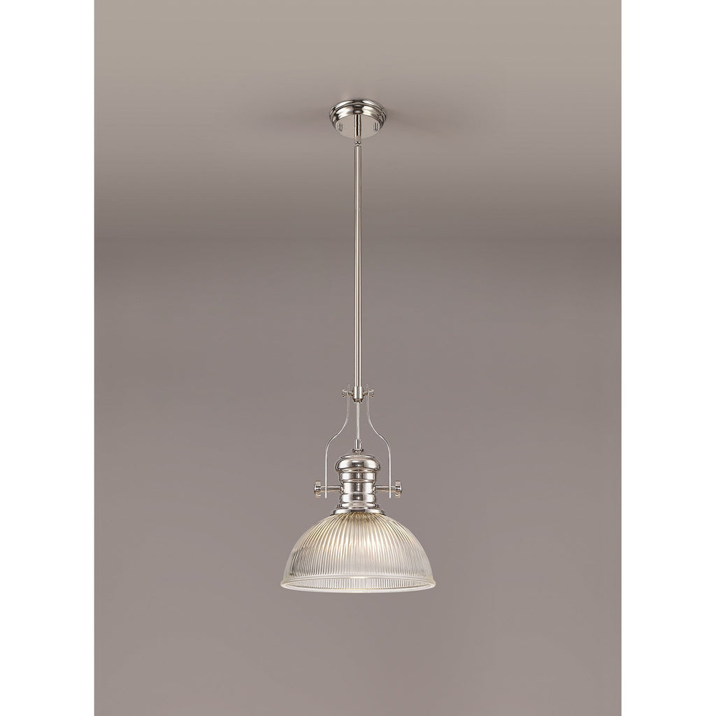 NLK01319 Louis 1 Light Telescopic Pendant With 30cm Dome Glass Shade Polished Nickel/Clear