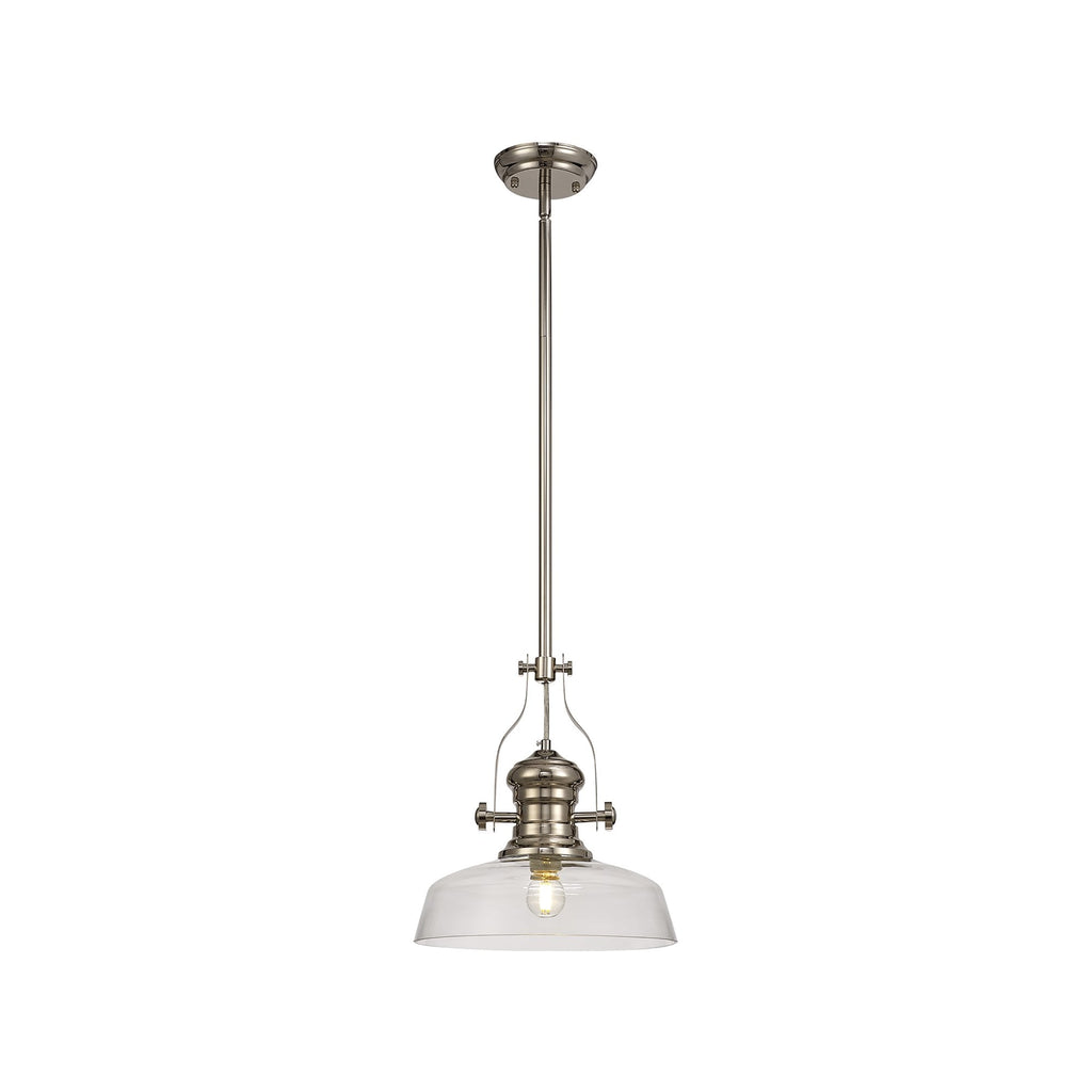 NLK01339 Louis 1 Light Telescopic Pendant With 30cm Flat Round Glass Shade Polished Nickel/Clear
