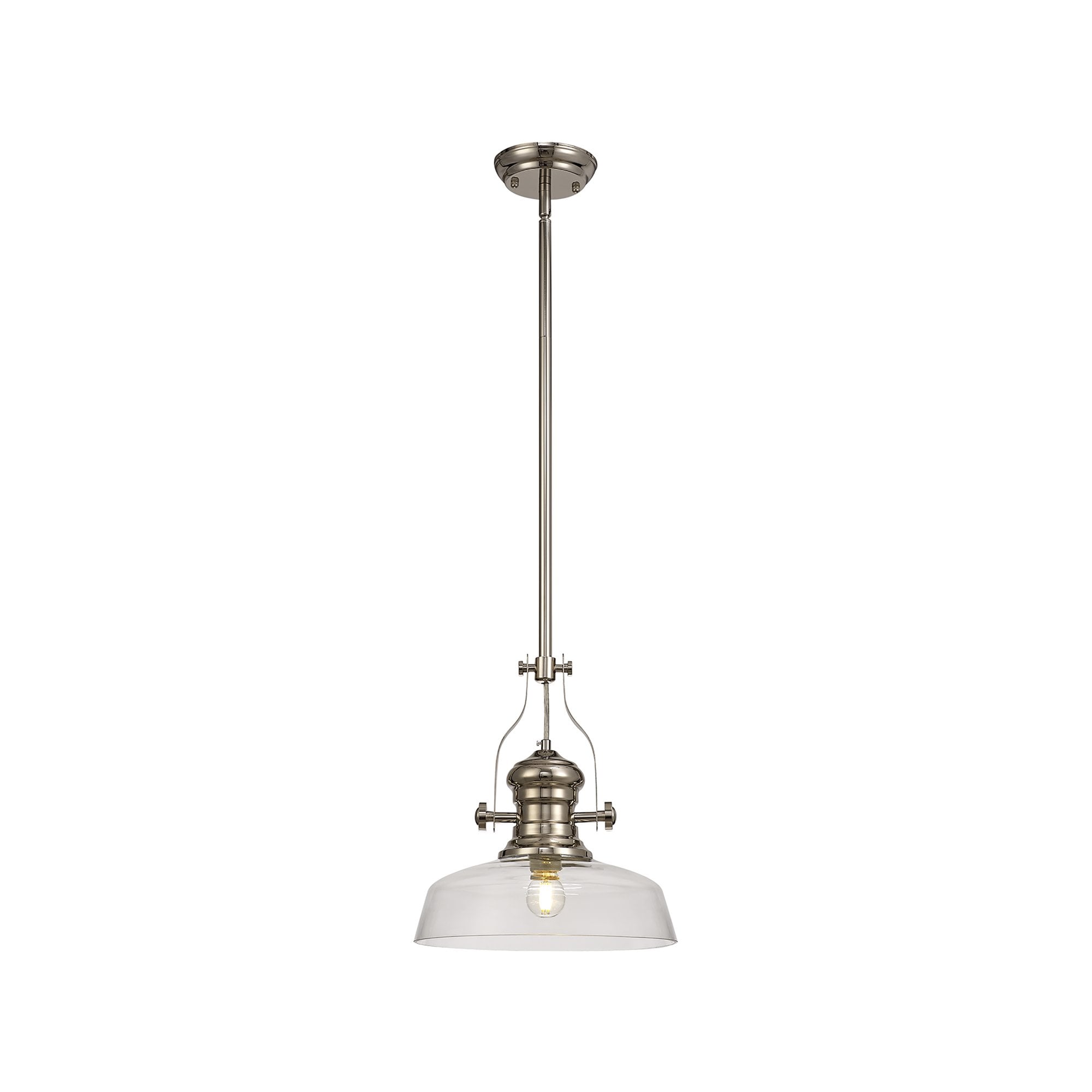 NLK01339 Louis 1 Light Telescopic Pendant With 30cm Flat Round Glass Shade Polished Nickel/Clear