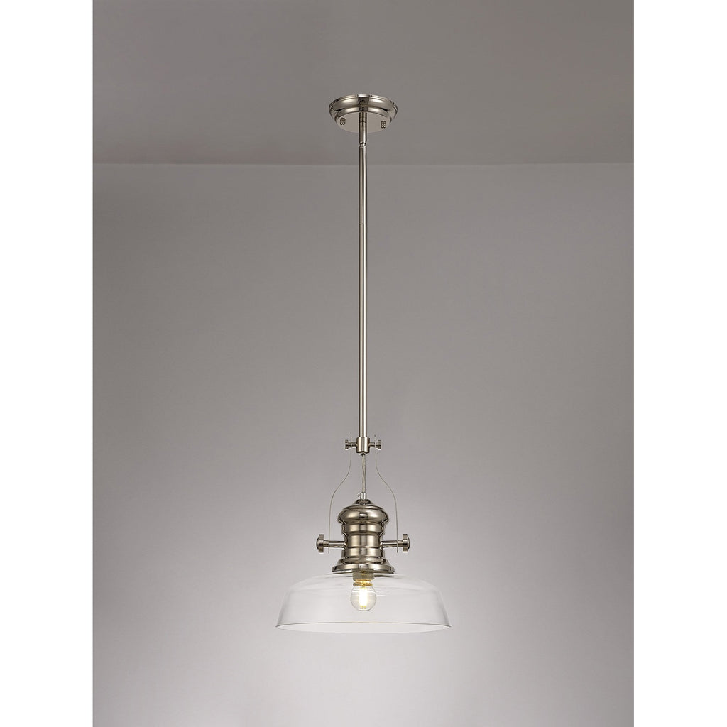 NLK01339 Louis 1 Light Telescopic Pendant With 30cm Flat Round Glass Shade Polished Nickel/Clear