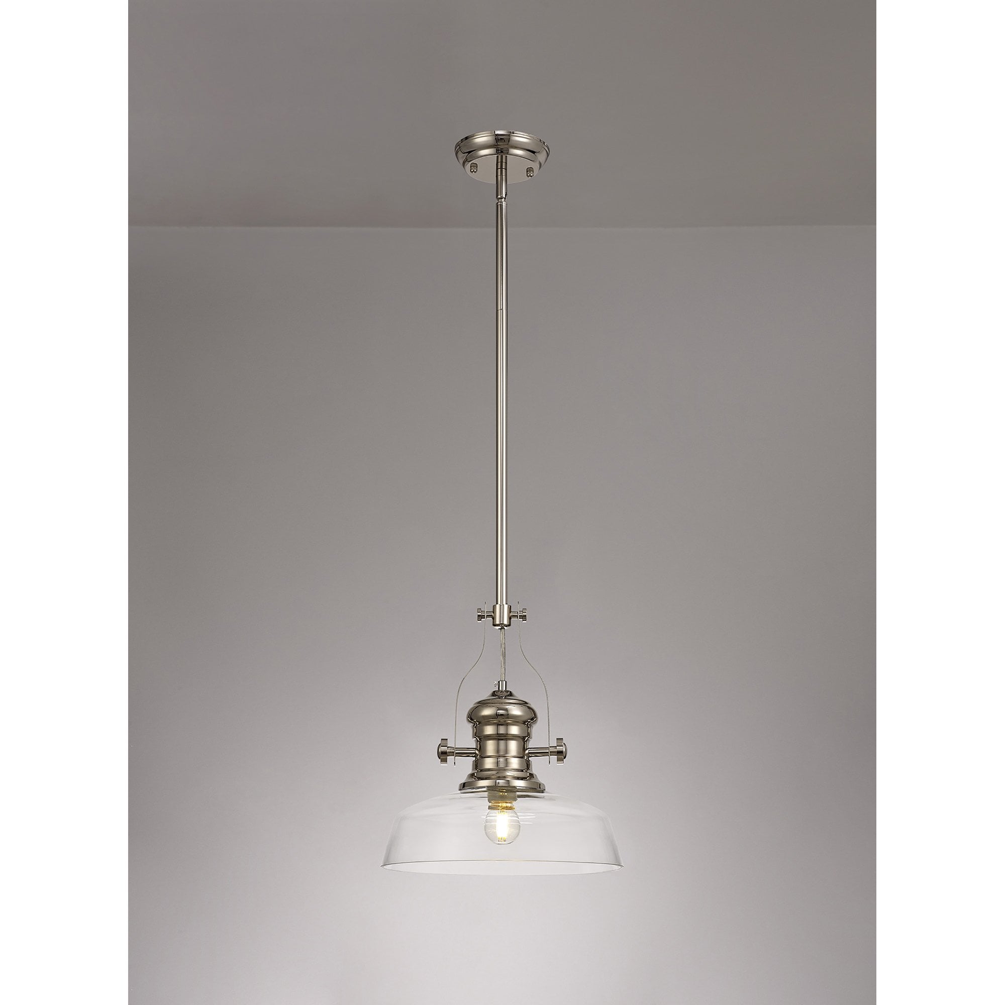 NLK01339 Louis 1 Light Telescopic Pendant With 30cm Flat Round Glass Shade Polished Nickel/Clear