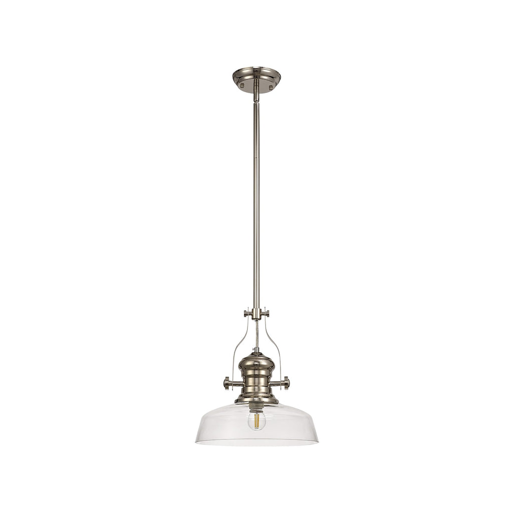 NLK01339 Louis 1 Light Telescopic Pendant With 30cm Flat Round Glass Shade Polished Nickel/Clear