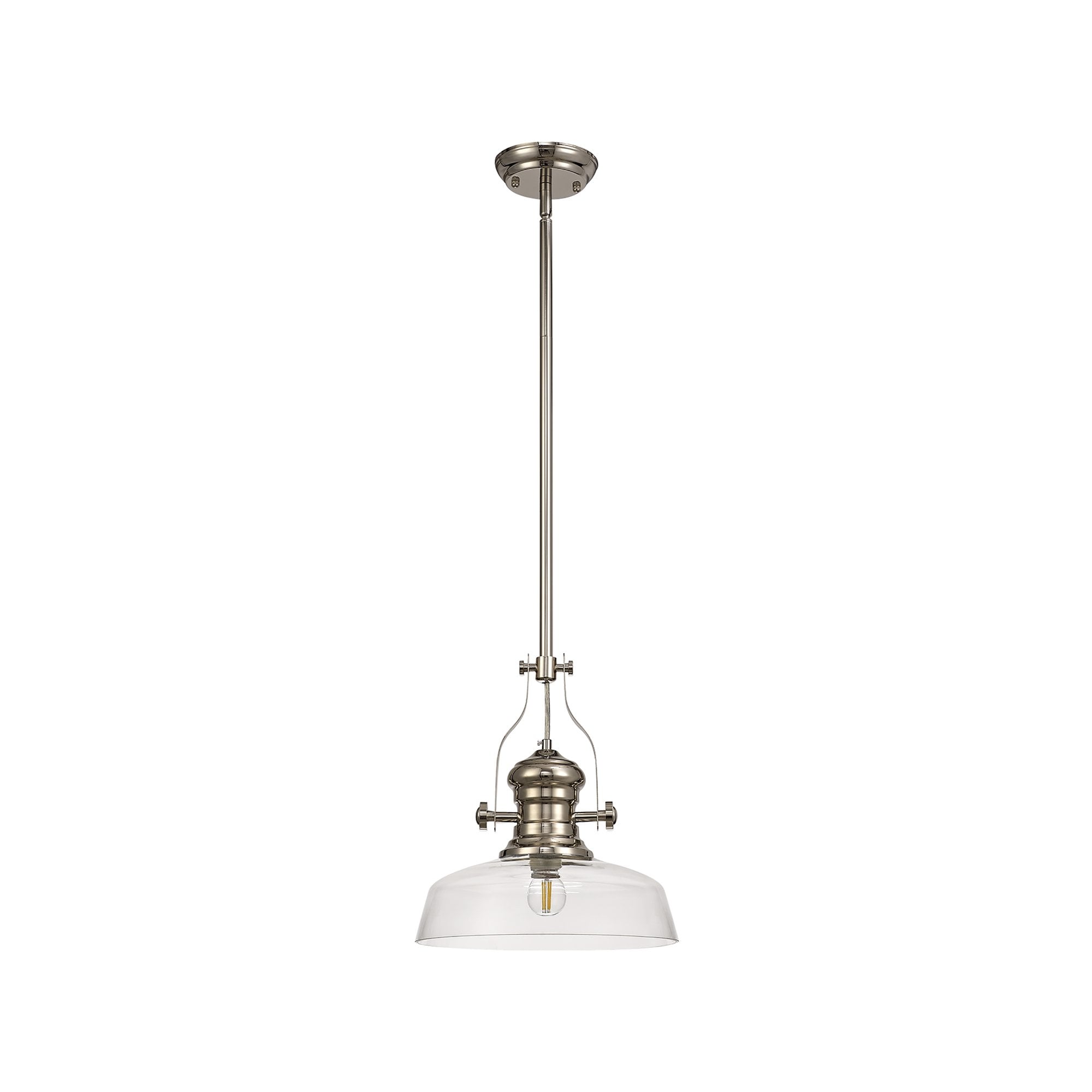 NLK01339 Louis 1 Light Telescopic Pendant With 30cm Flat Round Glass Shade Polished Nickel/Clear