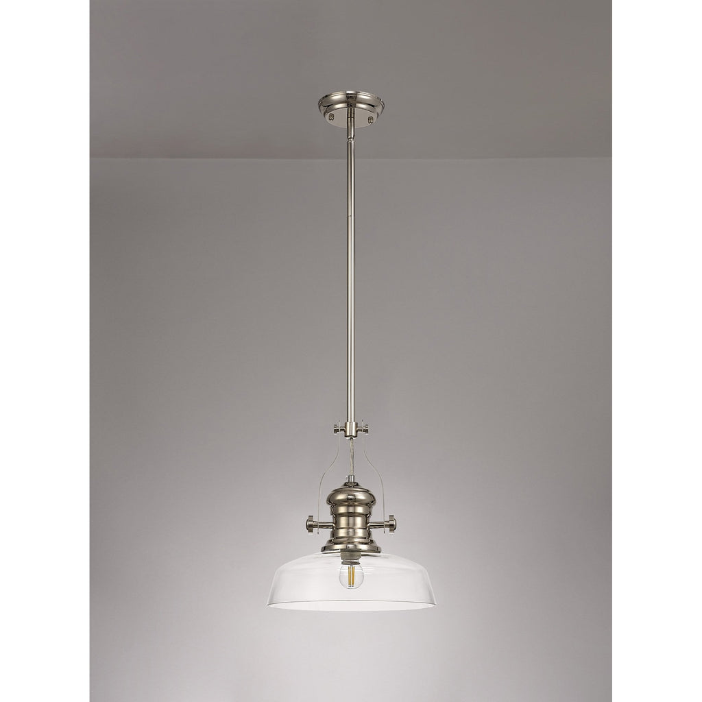 NLK01339 Louis 1 Light Telescopic Pendant With 30cm Flat Round Glass Shade Polished Nickel/Clear